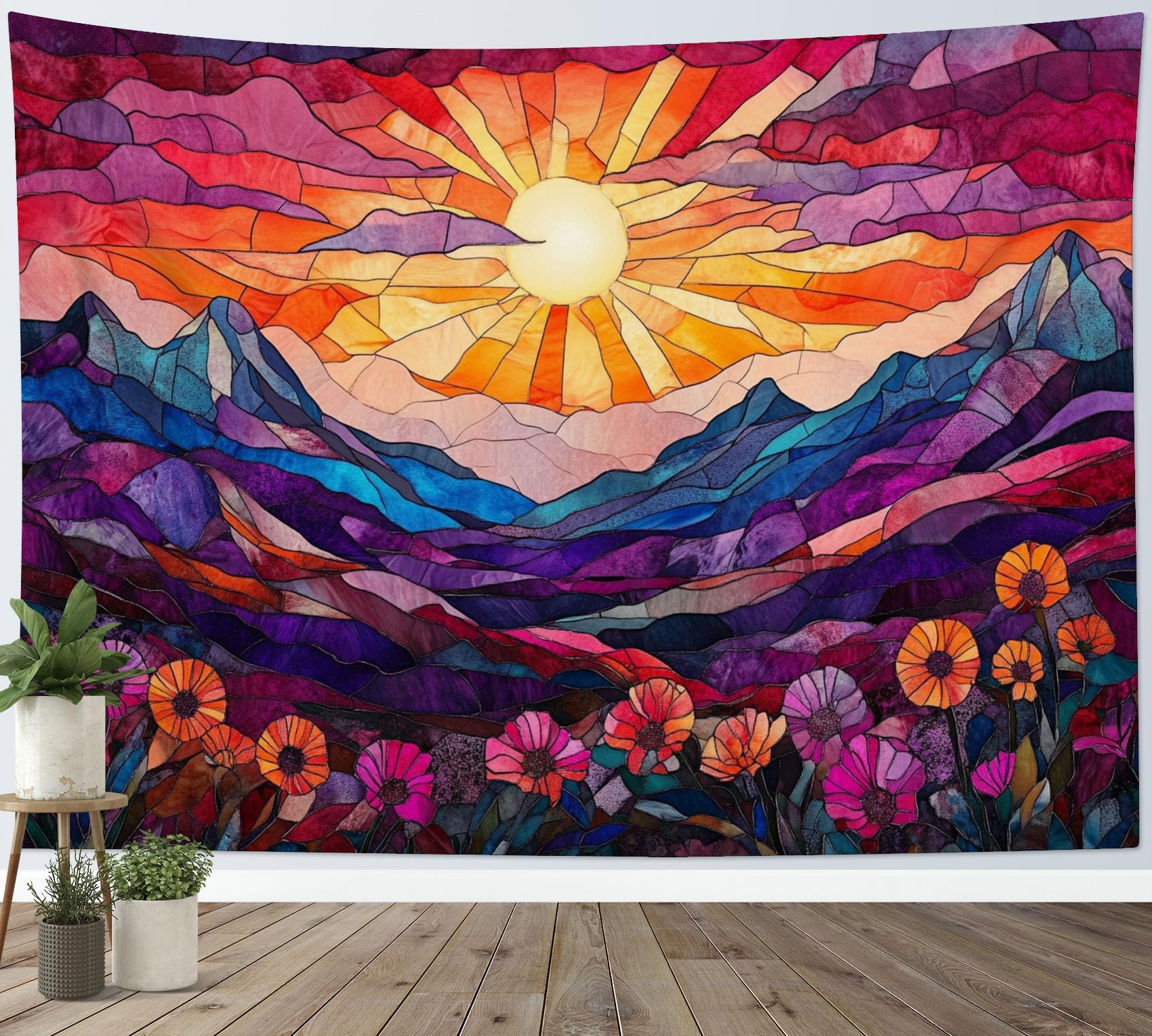 LB Abstract Mountain Tapestry Wall Hanging Stain Glass Rustic Orange Sun Purple Flower Wall Decor for Living Room Bedroom Home Office,78x59 inch