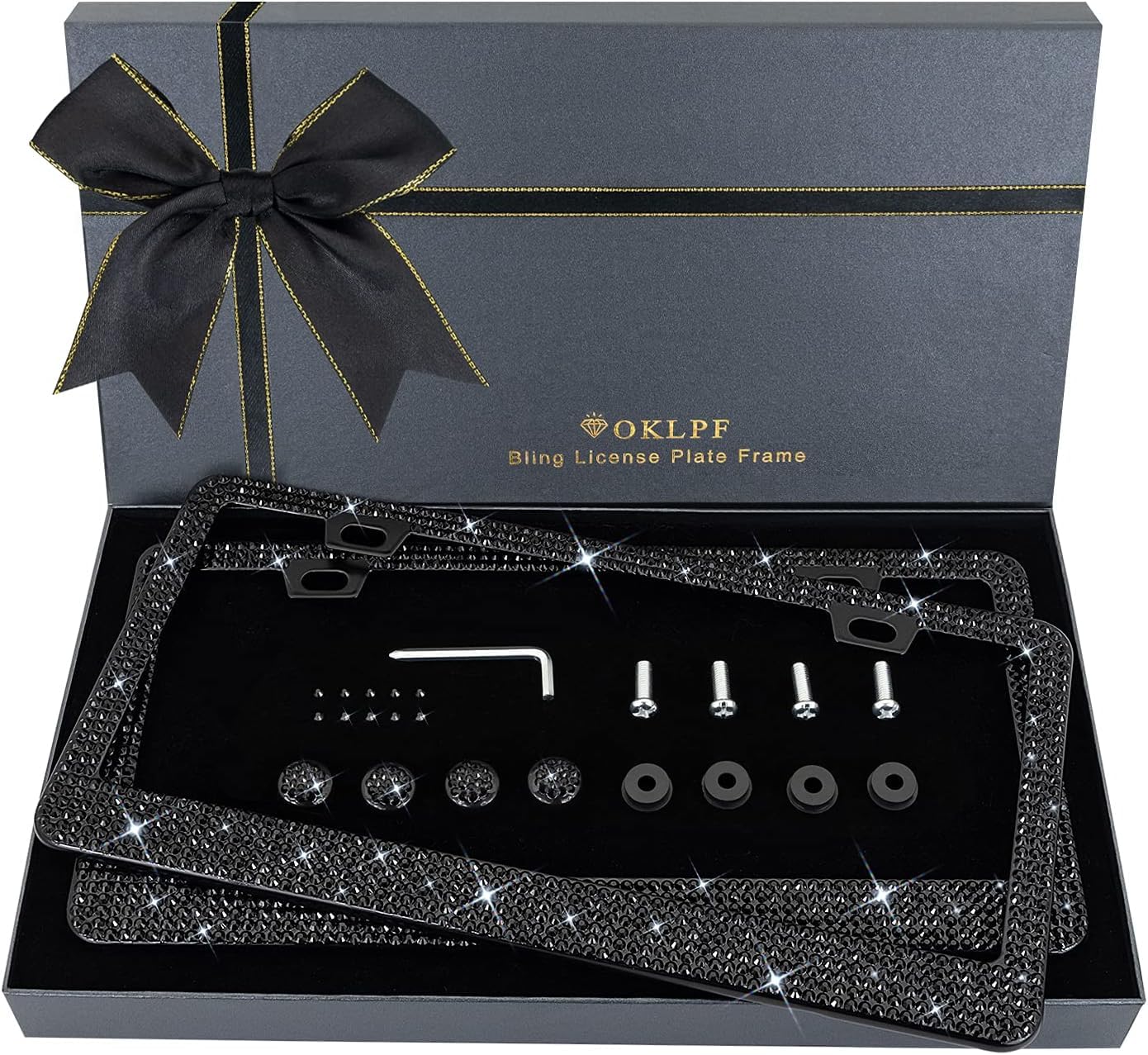 OKLPF Bling License Plate Frame for Women, Sparkly Stainless Steel License Plate Frames| Over 1200 pcs 14 Facets Bedazzled Clear Glass Diamond Rhinestone Crystals 2PK (Black)
