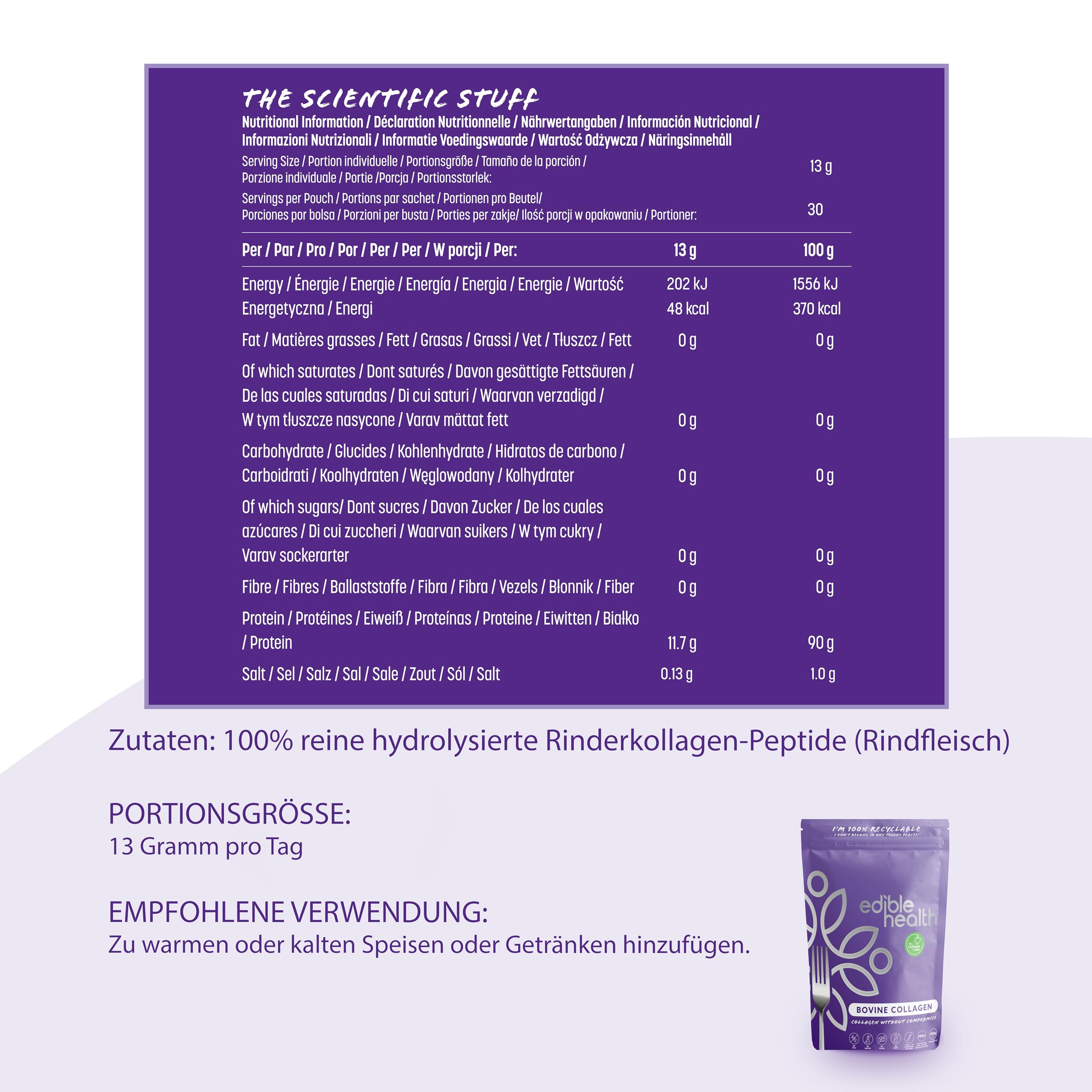 Edible Health Kollagen Pulver, Protein Pulver, hydrolysiert Typ 1 & 3, 1kg | hydrolysiertes Kollagen, Protein Pulver, Typ 1 & 3 Peptide, 1kg, 70 Tage, Paleo Keto Halal, für tägliche Ernährung, vegan
