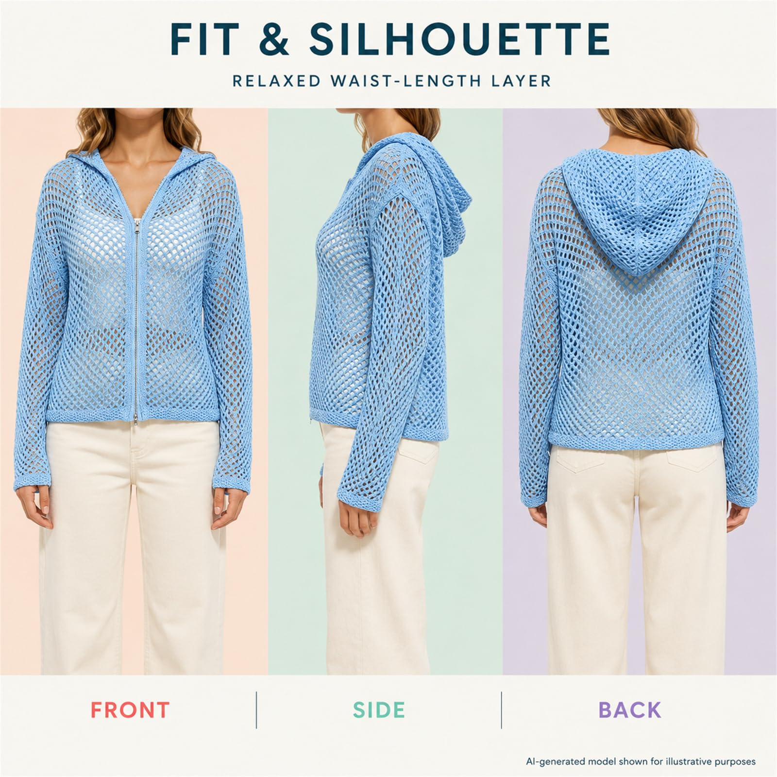 Cardigan da donna all'uncinetto con cappuccio e cerniera, leggero maglione