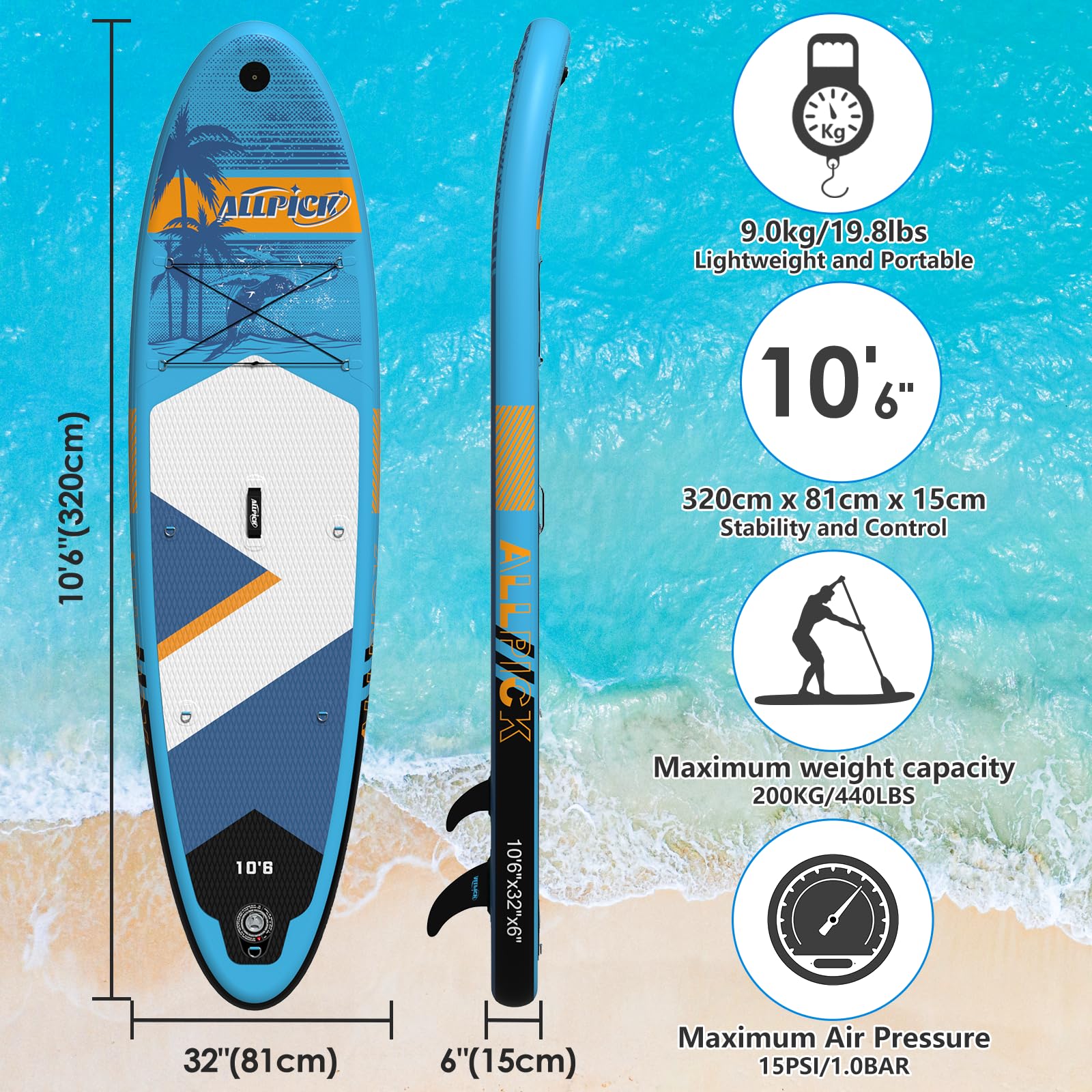 ALLPICK Sup Gonfiabile, Stand Up Paddle Board Gonfiabile, Con Supporto Universale per Fotocamera, Accessori Completi, Tavola da Sup Surf, Principianti e Avanzati, 150kg/180kg