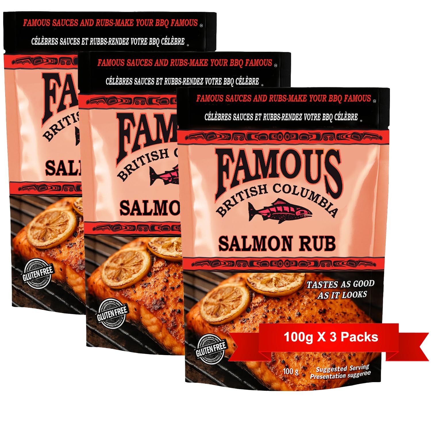 Famous British Columbia Salmon Rub – Authentic West Coast Salmon Seasoning for BBQ, Oven, and Cedar Planking – Resealable 100g Pack of 3