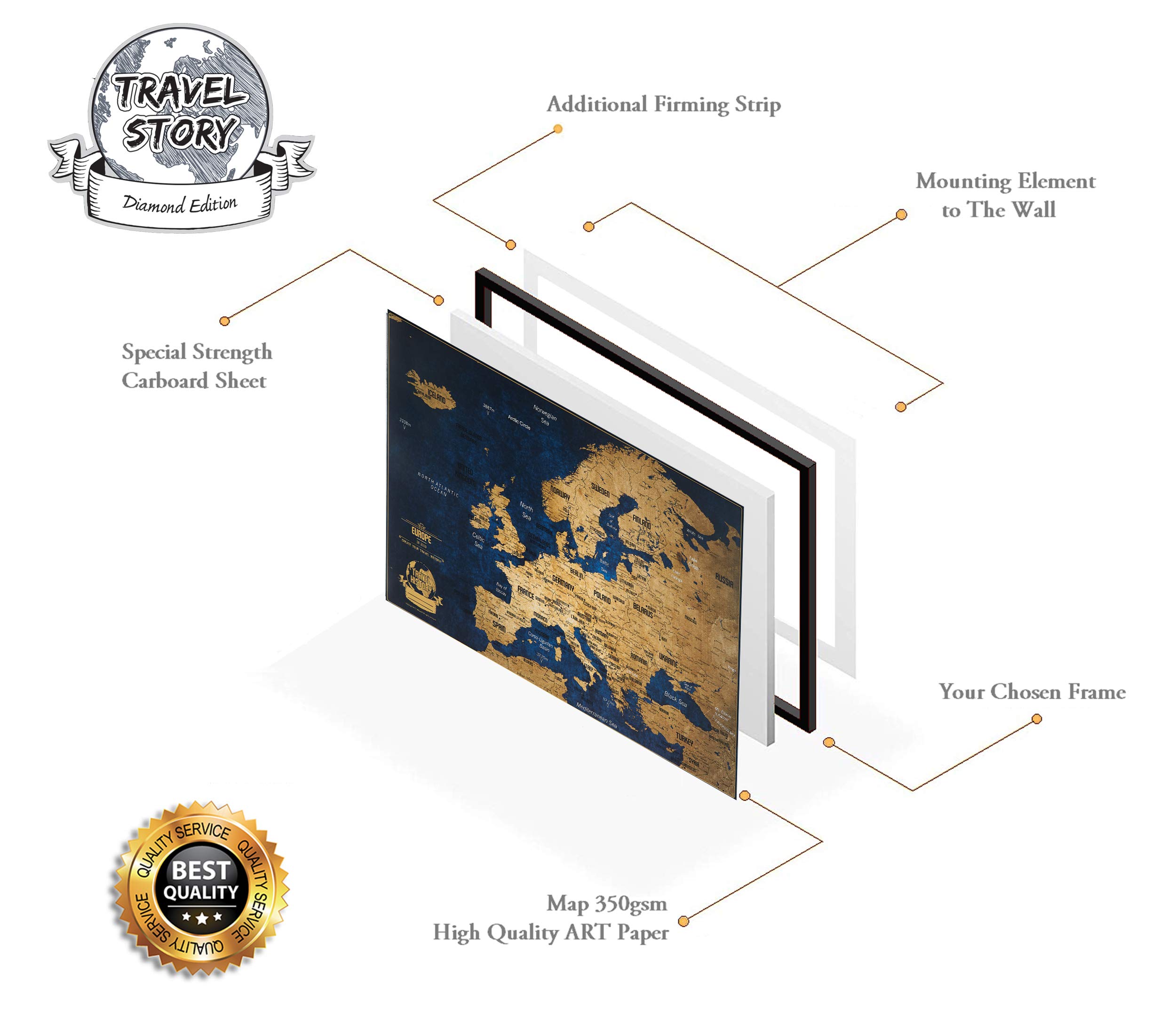 2Maps Europakarte Pinnwand mit farbigen Stecknadeln - Bonus 100 Pins, Abenteuer Karte mit Rahmen, Personalisierte Karten mit Originalfarben, Hergestellt in der EU, 43x3x53 cm, Natürlicher Holzrahmen