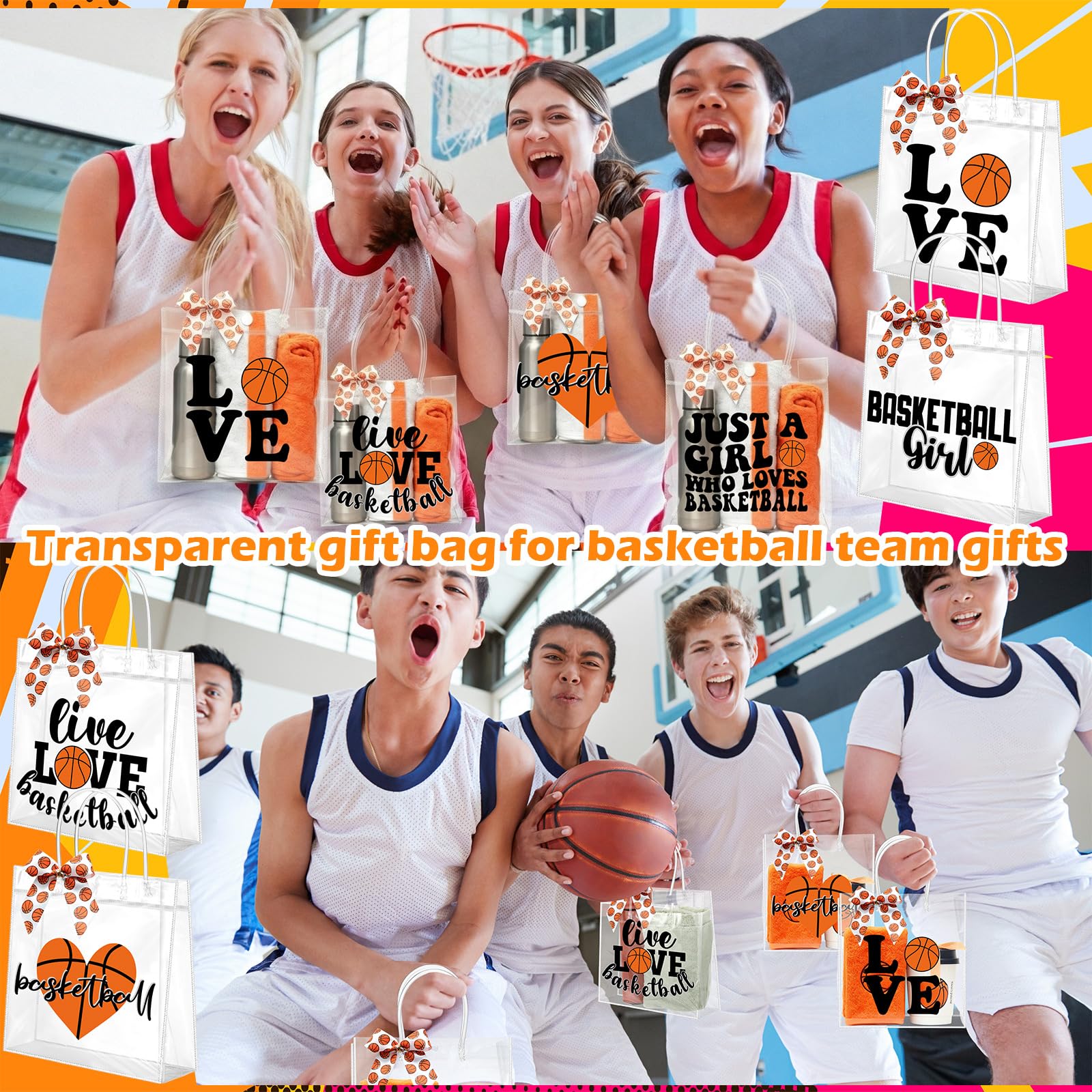 Vicenpal 12 Sets Clear Basketball Gift Bag with Handles 12 Pcs Bows PVC Plastic Basketball Treat Goodie Snack Bags 7.9 x 7.9 x 3.1'' Sport Theme Party Favors for Birthday Holiday Sports Team Gifts