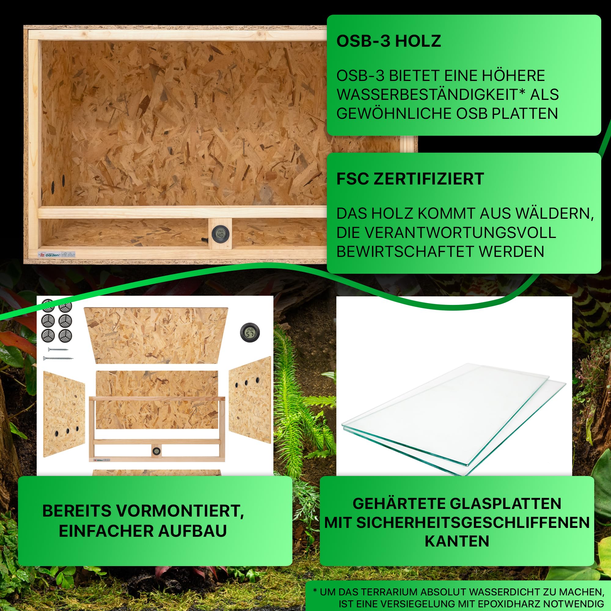 ITA Holz Terrarium 120x60x60 cm mit Seitenbelüftung & Integriertem Hygrometer - Holzterrarium aus OSB-3 Platten - Terrarien für Reptilien, Schlangen, Amphibien - EU Produkt, FSC Zertifiziert