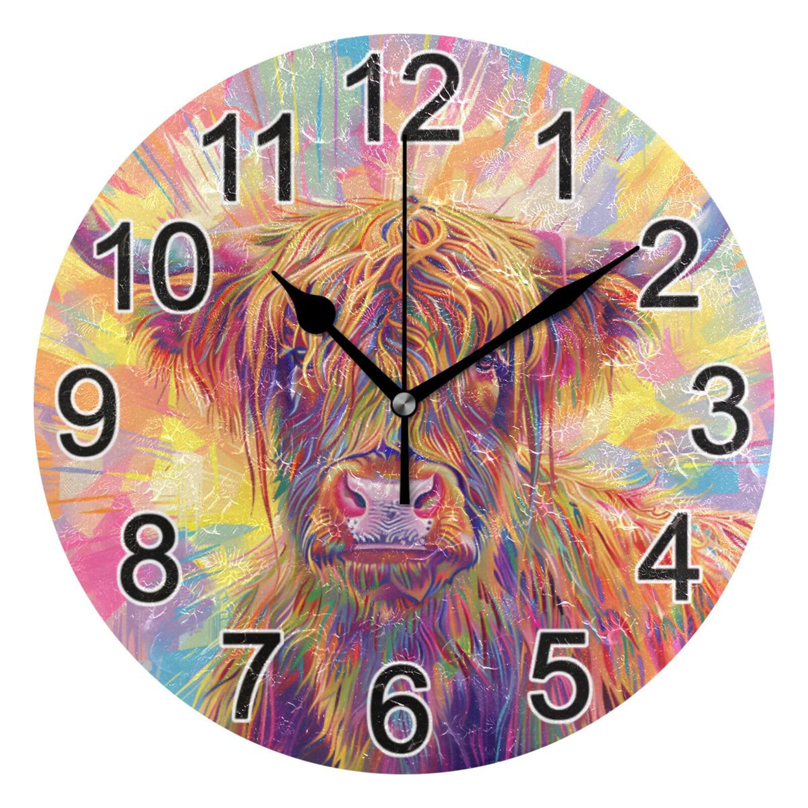 Mnsruu Abstract Highland Cow Wall Clock Non Ticking Silent Kitchen Clock Battery Operated Clocks Round Decorative for Living Room Bedroom Bathroom Home Office