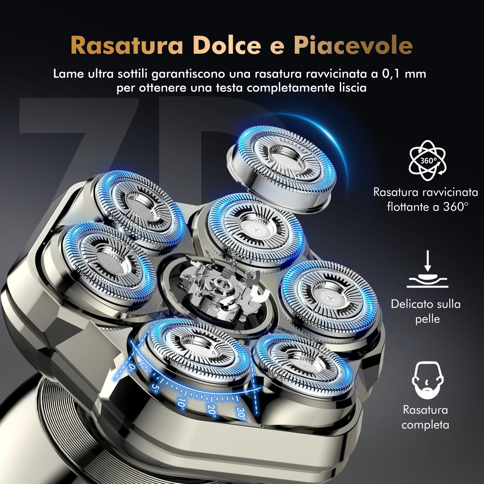 Rasoio Testa Calva,7D Magnetici Rimovibile Rasoio Testa Calva Zero Assoluto-6 in 1 Capelli uomo 0 mm,Impermeabile IP67 con Display LED, Rasa e Taglia Capelli a Zero