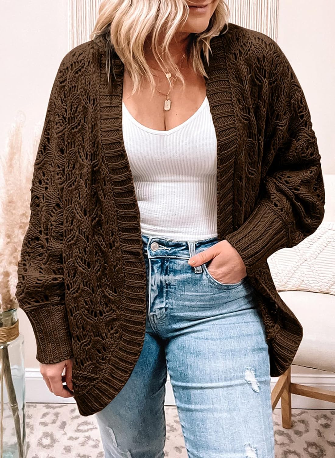 Eytino Womens Plus Size Crochet Cardigan Sweater Long Sleeve Hollow Out Open Front Cardigans Outwear(1X-5X) - Image 2