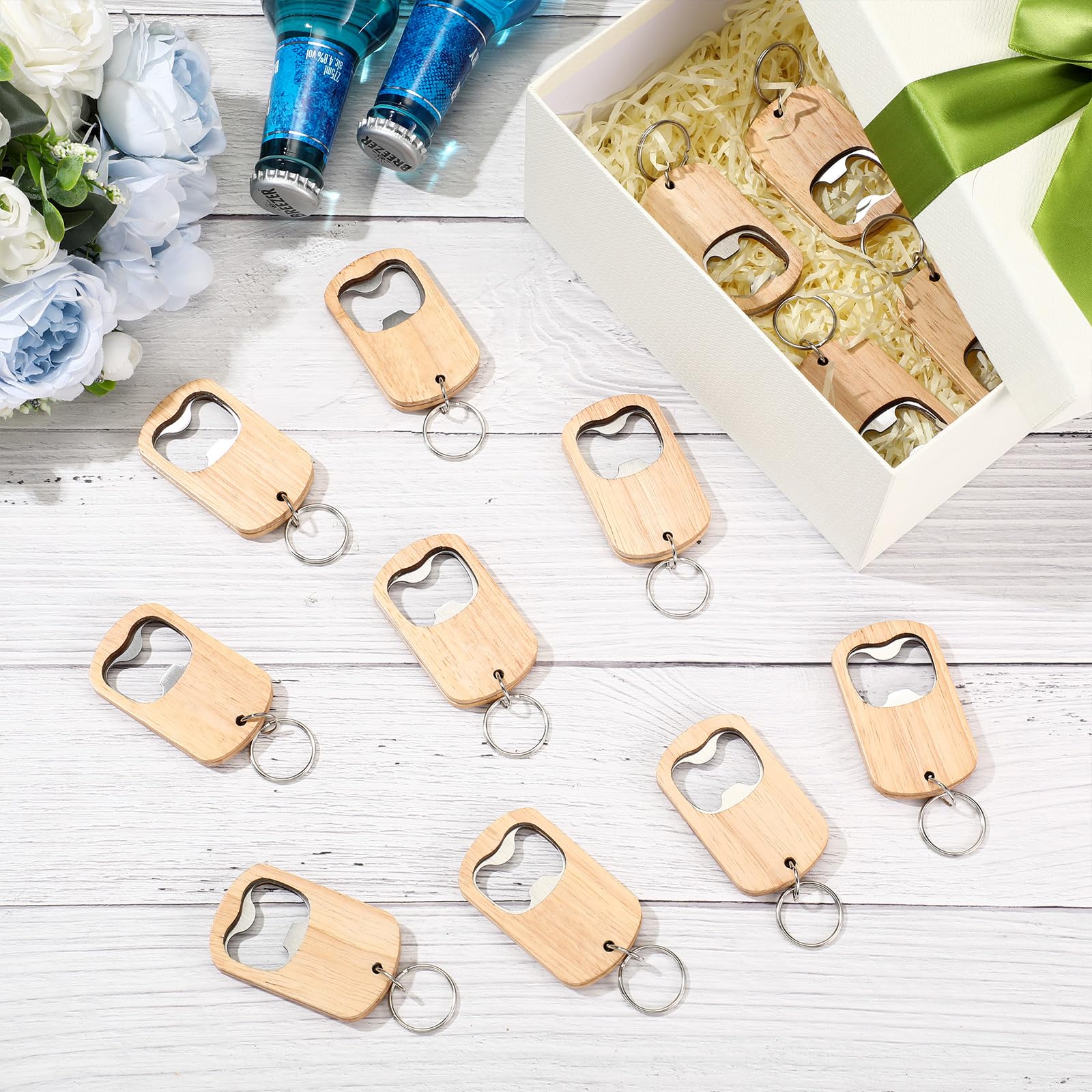 Gerrii 100 Stück Holz-Flaschenöffner aus Holz, Schlüsselanhänger, Flaschenöffner, Rohlinge, unlackierter Schlüsselanhänger, Holzgravur, Großpackung für Hochzeit, Geburtstag, Party, Geschenke