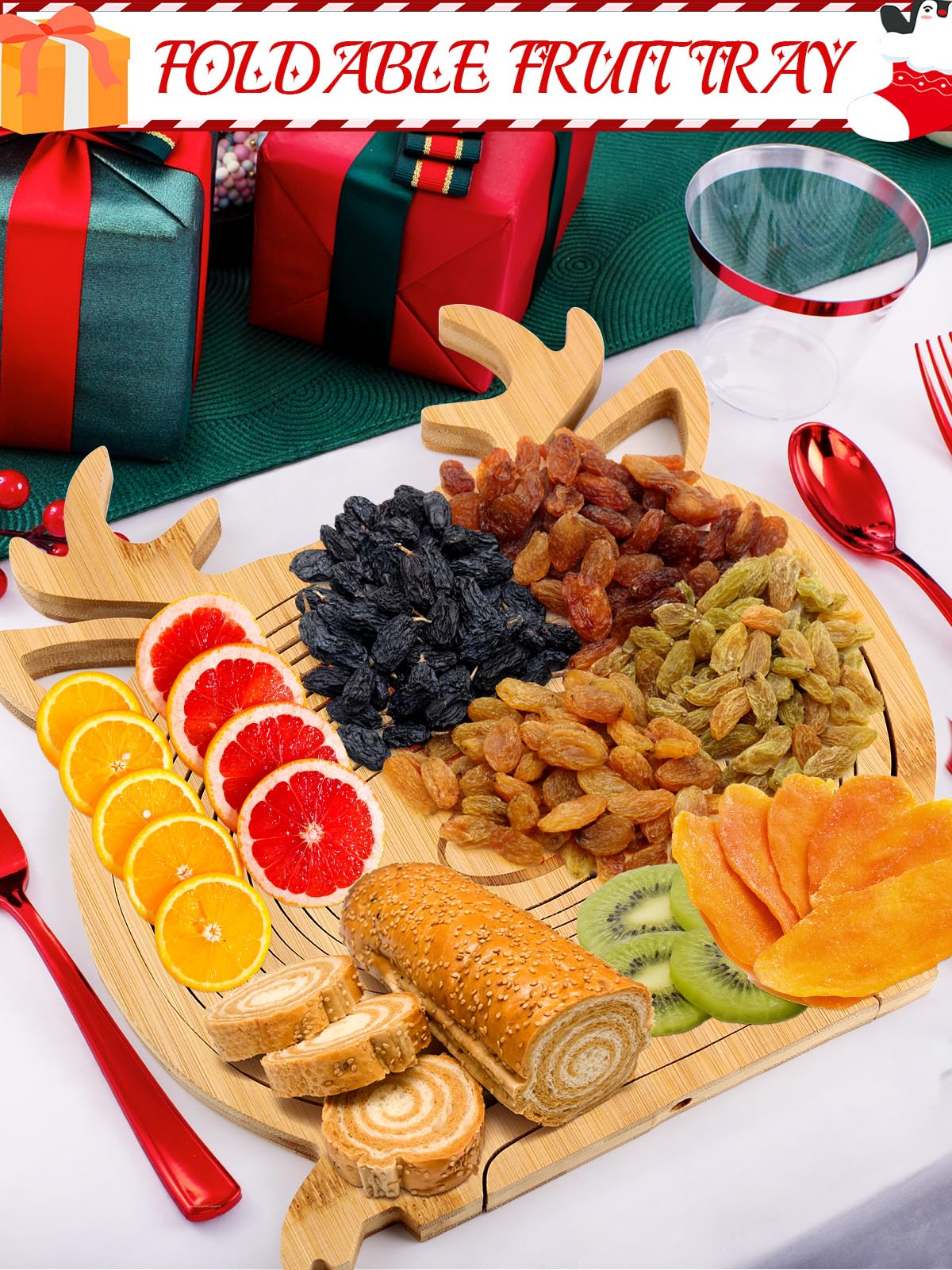 Kalolary Christmas Elk Wooden Fruit Basket - Foldable Bamboo Tray With Handle for Holiday Party Decorations and Dried Fruit Gifts - Image 3