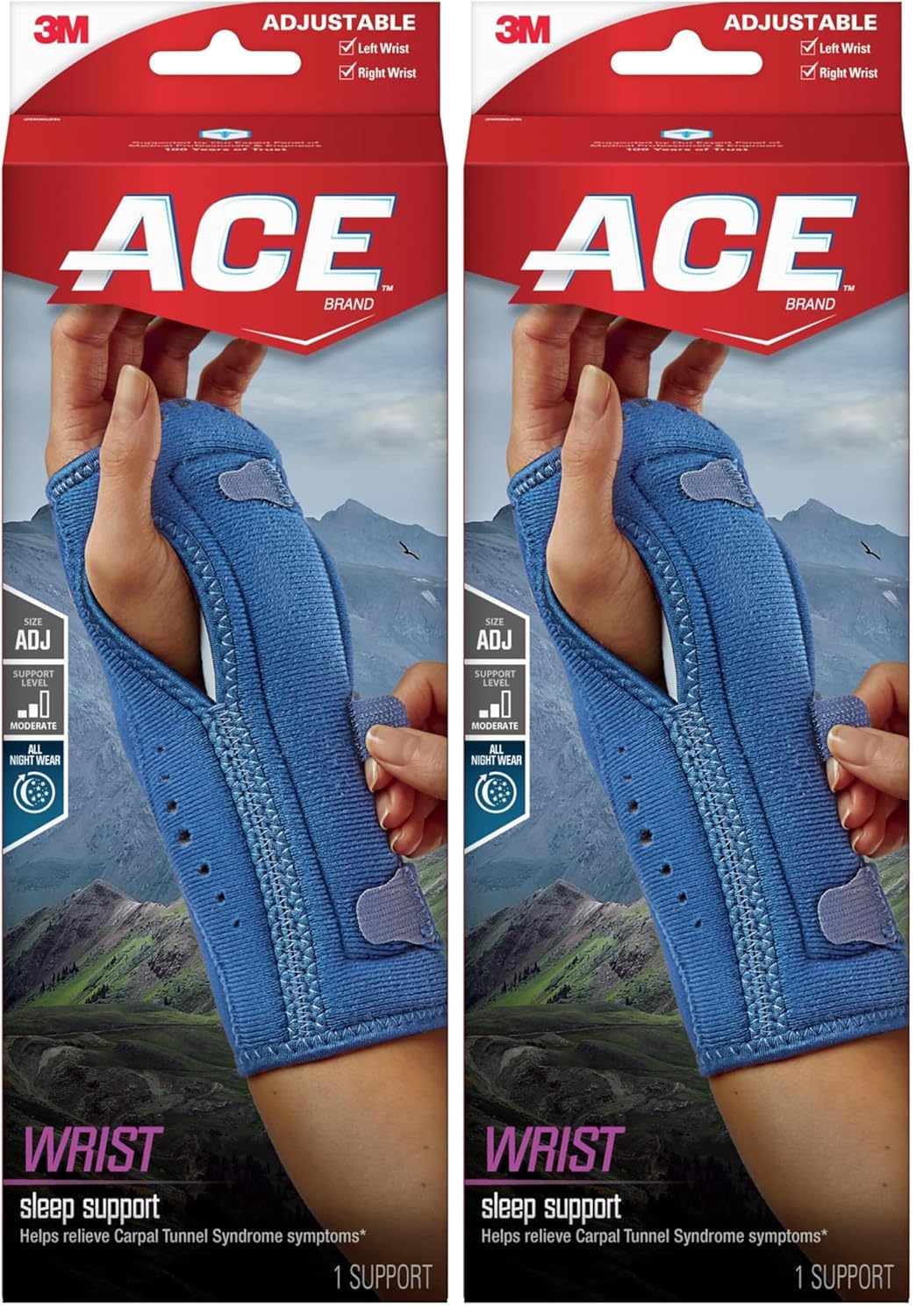 ACE Night Wrist Sleep Support,Adjustable,Blue,Helps Provide Relief from Symptoms of Carpal Tunnel Syndrome,and other Wrist Injuries,(Pack of 2)