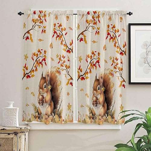 Miniatura 2 de Cortinas de ventana de Acción de Gracias de 63 pulgadas de largo, ramas de otoño, hojas de arce, arpillera, bolsillo para barra, cortinas de cocina