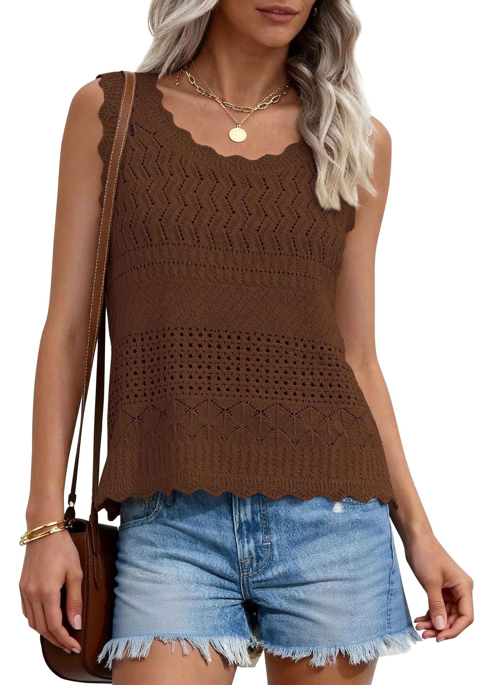 PRETTYGARDEN Womens Crochet Tank Tops Knit Sleeveless Vest Summer Tops, Boho Eyelet Knitted, Lightweight Hollow Out Sleeveless Sweater Top, Trendy Beach Vacation Clothes, Resort Wear