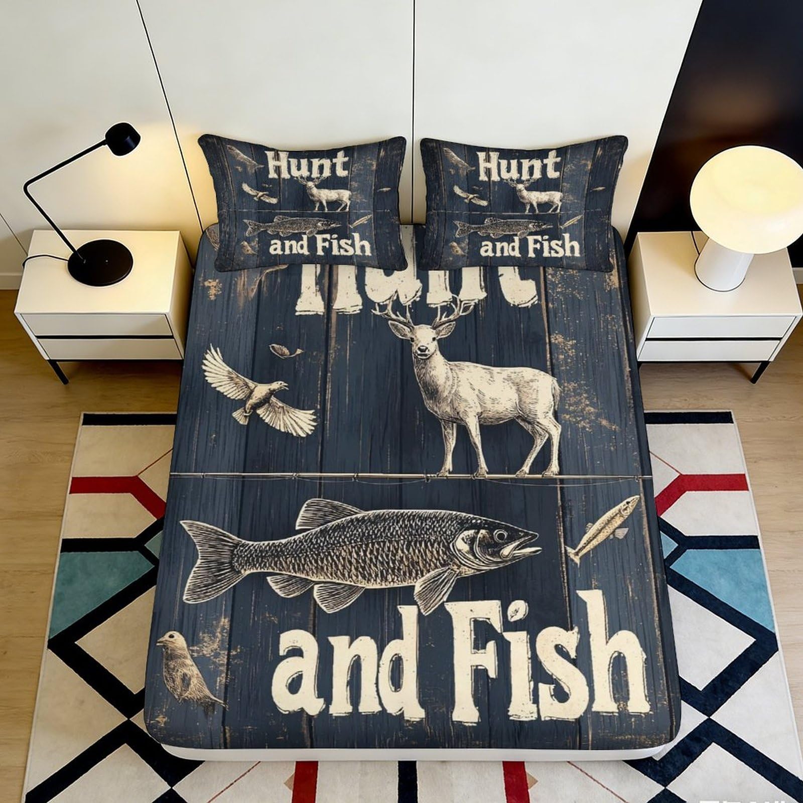 3D Printed Deer Forest Fitted Sheet Microfiber Soft Breathable Fish Lake Mattress Cover Bedroom Decor 90x200x25cm