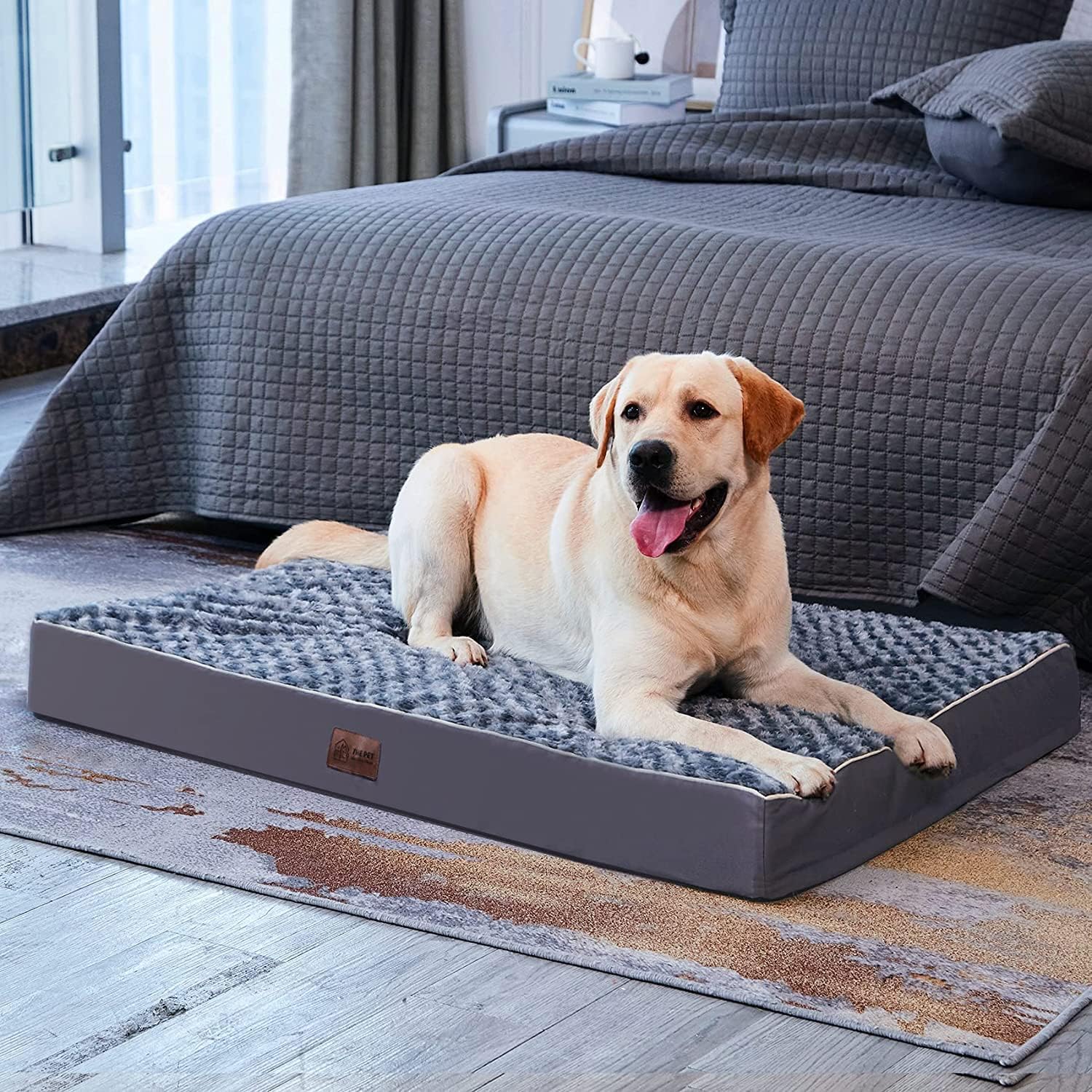 XL Dog Beds Large Sized Dog with Soft Rose Plush Removable Washable Cover, Egg Crate Foam Support and Non-Slip Bottom, Waterproof Orthopedic Dogs Bed Pet Mat, 42 x 30 Inch