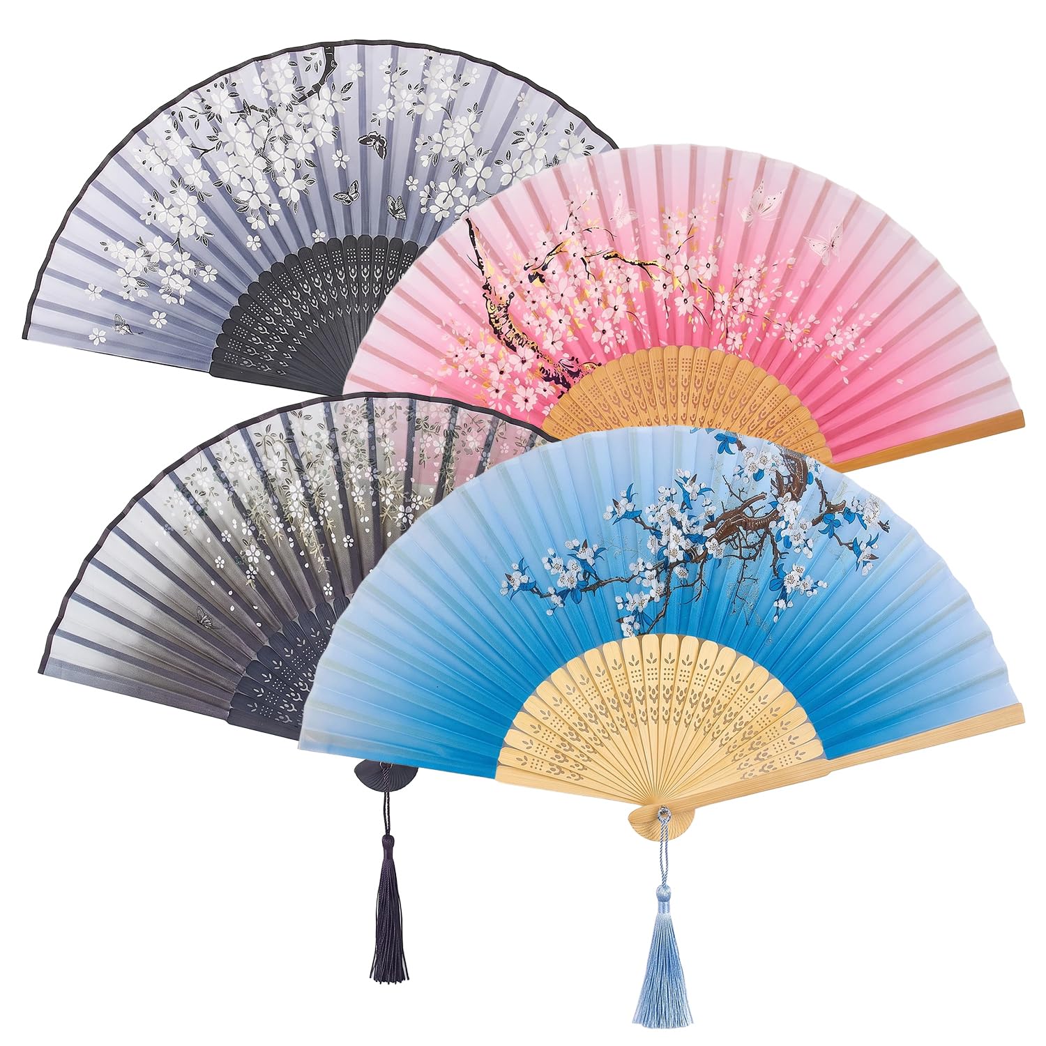 WADUBI 4 Pack Chinese Folding Hand Fans, Elegant Bamboo Handheld Fans with Tassels and Floral Design for Wedding Decor, Dancing, Parties, Performance and Gifts