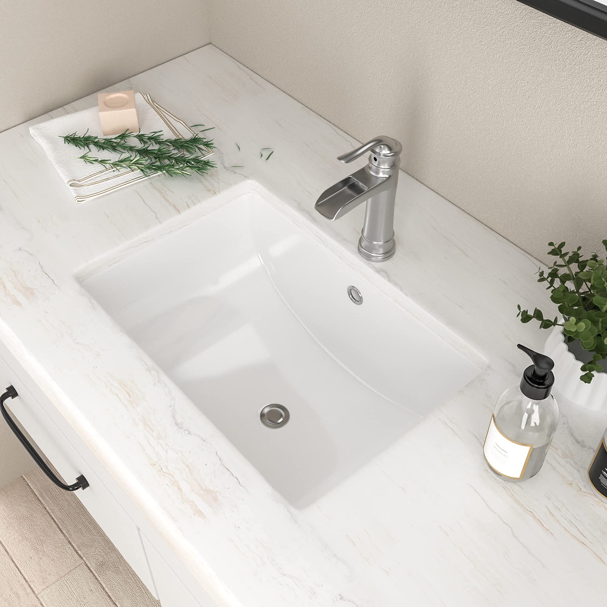 Undermount Bathroom Sink- Mocoloo 20x15 Rectangle Porcelain White Vessel Sink 7.5 Inch Deep Curved Bottom with Overflow, Small Square Lavatory Vanity Sink Mounted Under The Counter