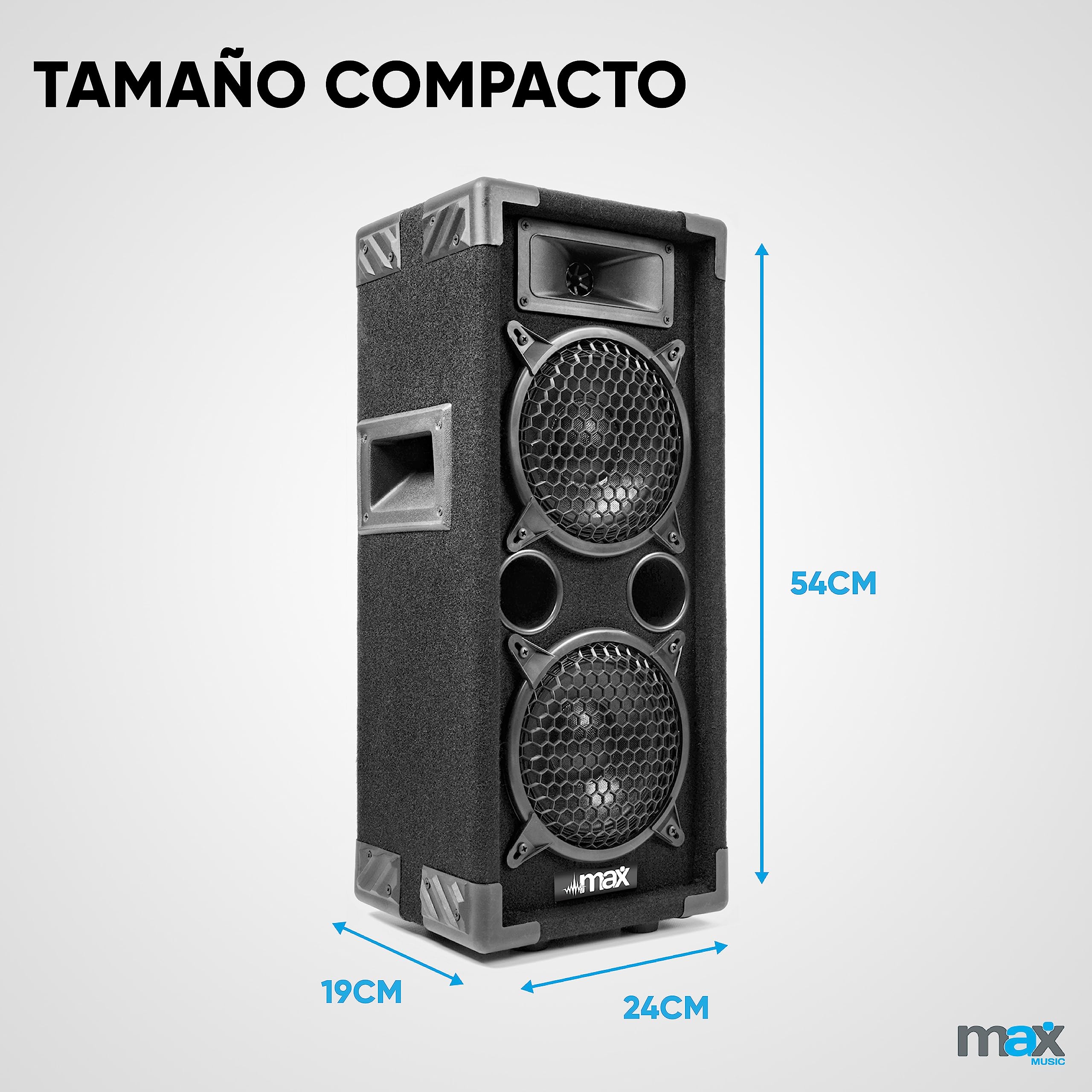MAX26 + SPL700 – Sistema de Sonido DJ 700W con 2 Altavoces, Amplificador y Cable de 10m – Compatible con mezcladores, Controladores Midi, Smartphones y más – Potente y fácil de Instalar