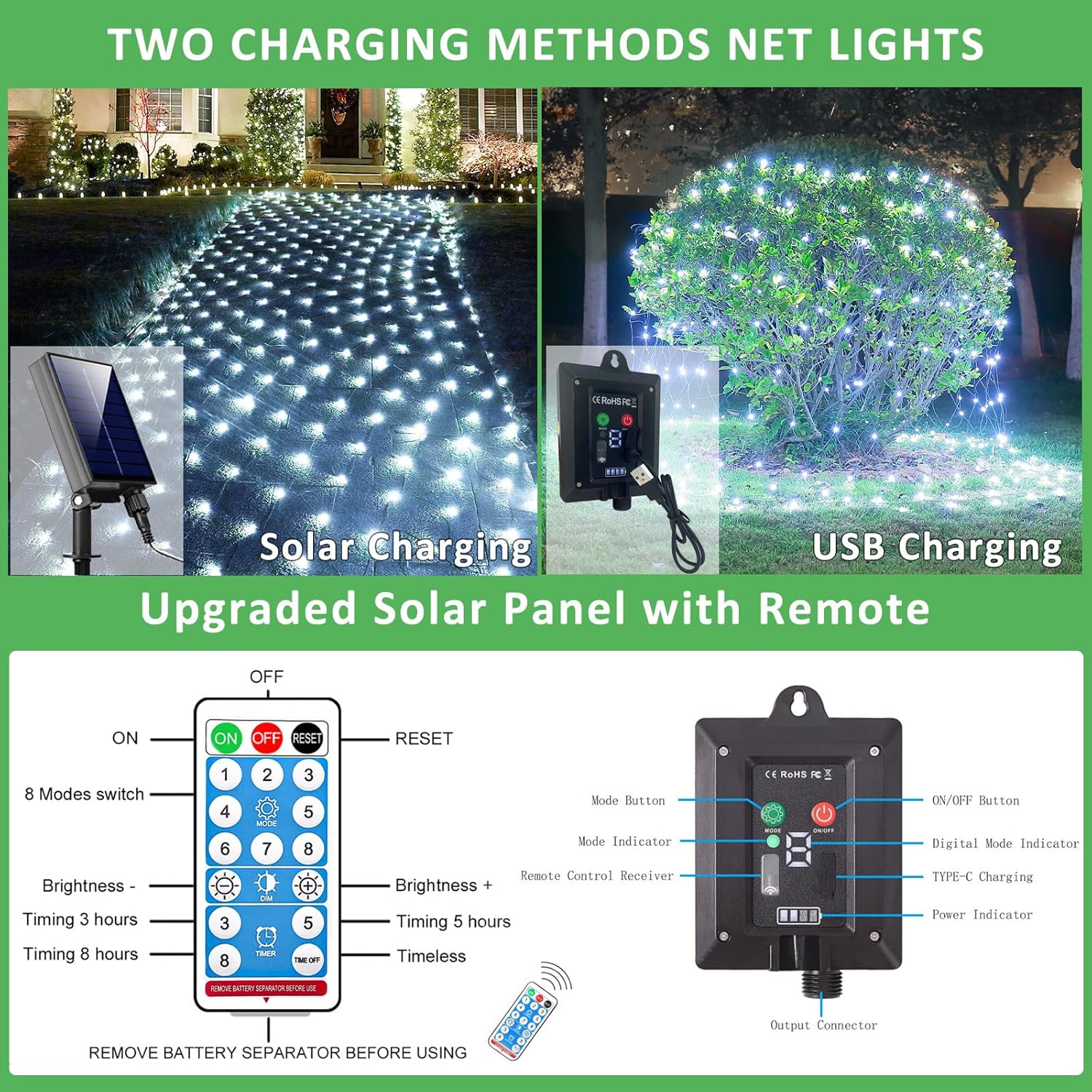 21FT x 5FT Solar Christmas Net Lights Outdoor with Remote, 360 LED USB Cool White Mesh Lights for Bushes Waterproof, 8 Modes Green Wire Christmas Trees Light Patio Indoor Decor