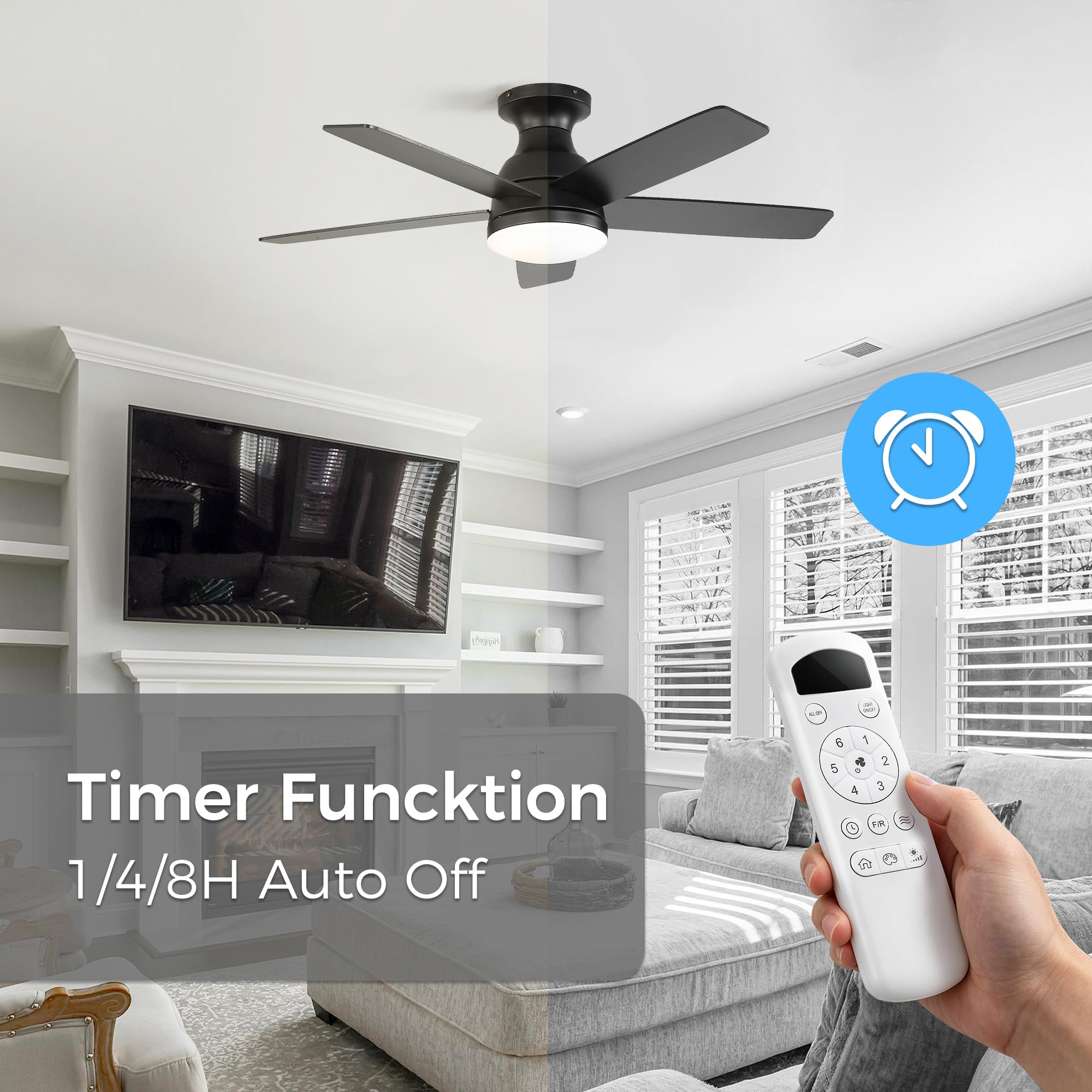 OZENAOS Deckenventilator mit Beleuchtung 112 cm, Leiser 33W DC Motor Ventilator Deckenlampe mit Fernbedienung, 6 Windstufen & Timer, LED Dimmbar 3000-6000K,1700LM, für Wohnzimmer Schlafzimmer