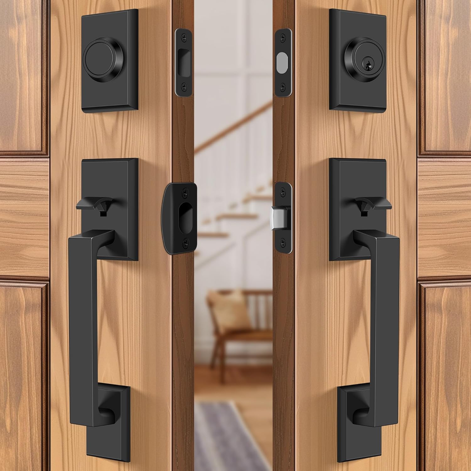 Double Front Door Lock Set, Keyed Entry Front Door Handleset with Dummy, Square Heavy Duty Door Lever and Single Cylinder Deadbolt Combo, Matte Black