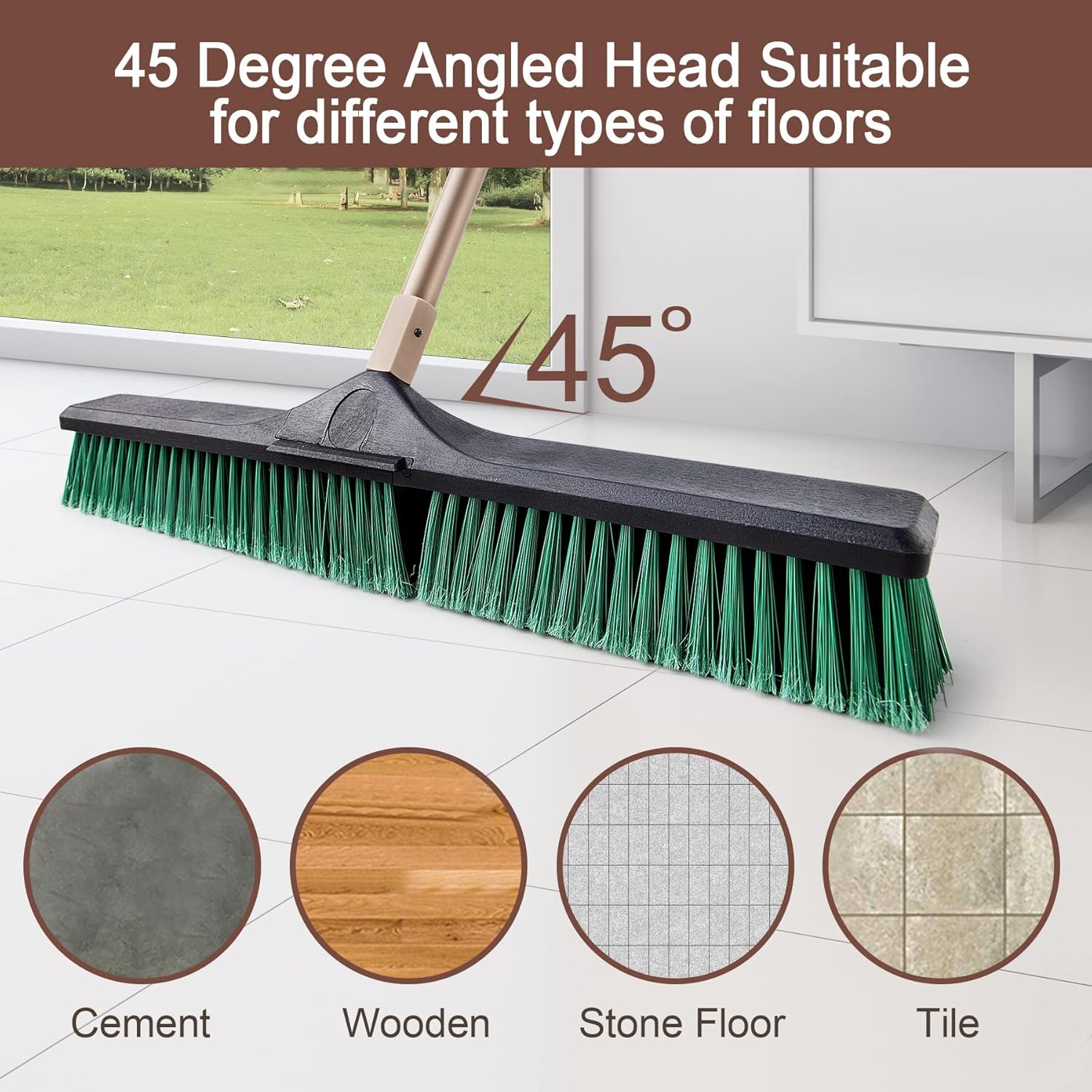 Eyliden 24" Heavy Duty Push Broom, Large Outdoor Stiff Sweeping Brooms with 62" Enhanced Steel Long Handle, Multi-Surface Floor Scrub Brush for Garage Garden Yard Patio Deck (Green, 24inch) : Health & Household