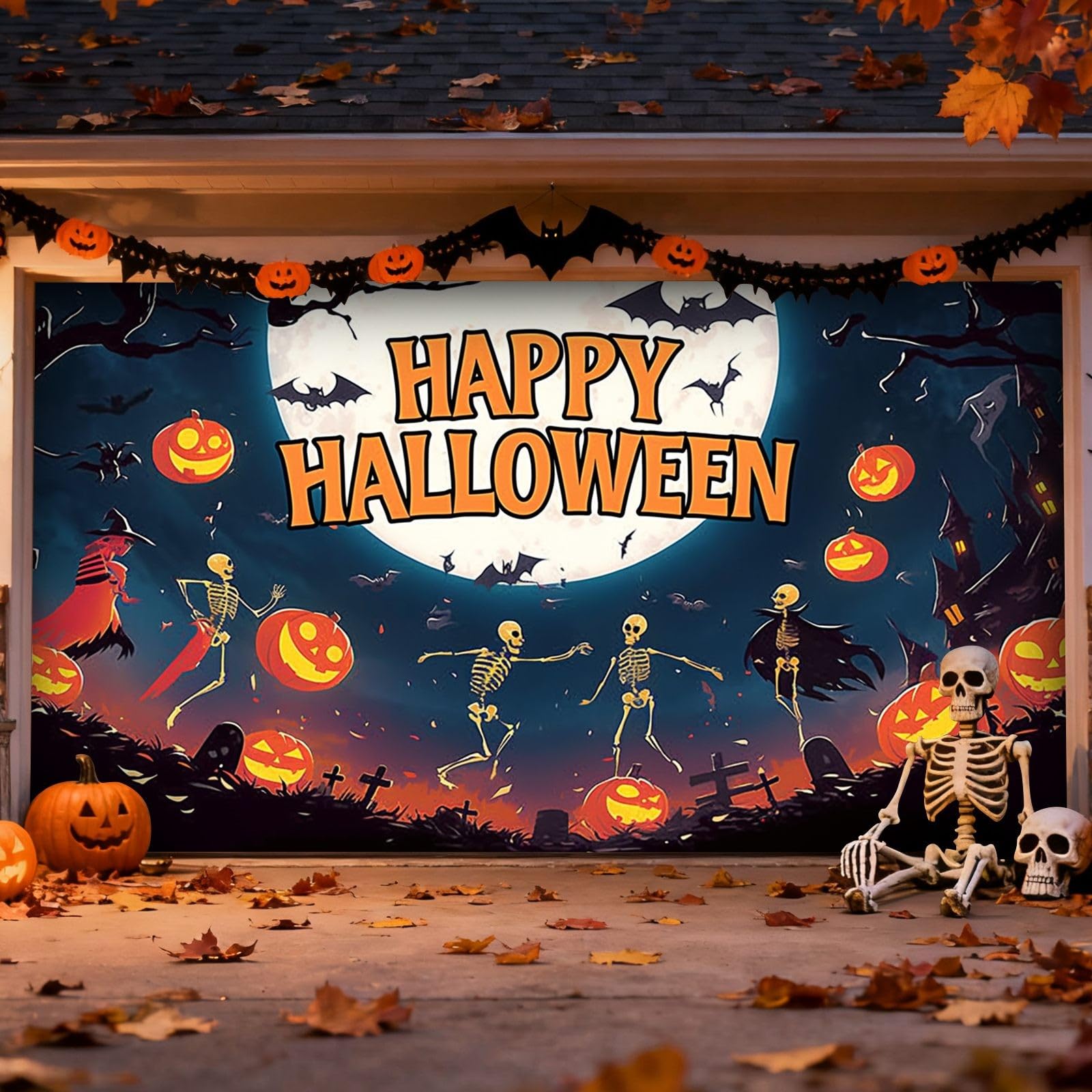 Letreros de Halloween para puerta de garaje grande al aire libre con murciélagos calabazas y para fiesta de patio delantero aterrador