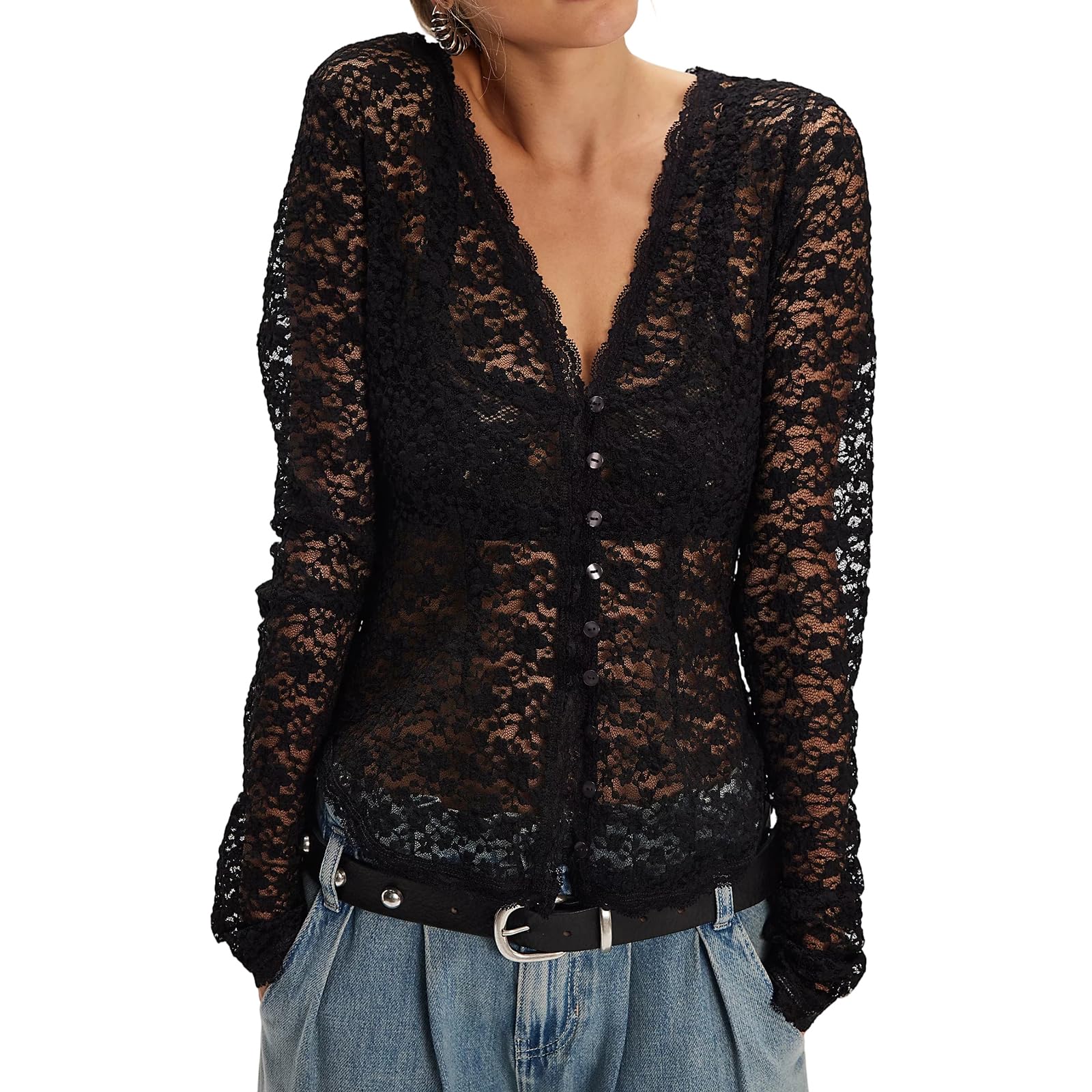 Womens Sheer Mesh Lace Corset Sexy Long Sleeve Open Front Shirt Blouse Y2k Going Out Floral Crop Tops