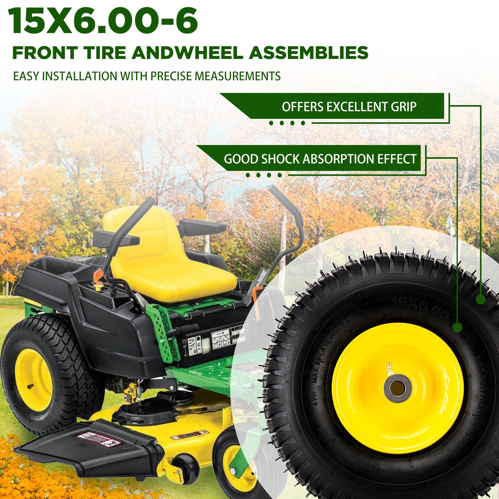Neumáticos para cortacésped de 15 x 6.00-6 nhs, paquete de 2 neumáticos delanteros sin cámara de 4 capas de 15 x 6-6 con montaje de rueda para cortacésped John Deere, cubo de desplazamiento de 3
