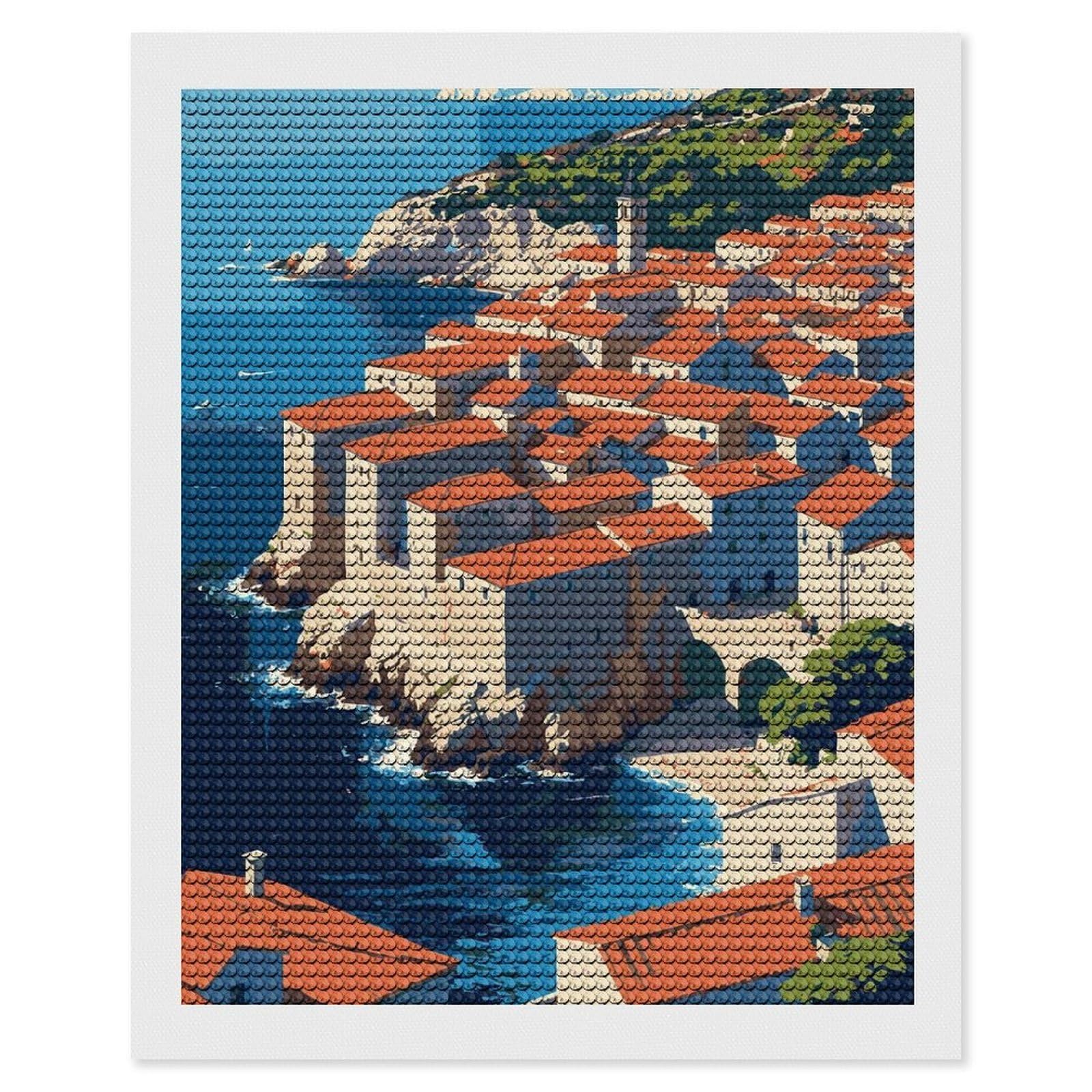 Junmoney Coastal Town with Red Roofs DIY Diamond Art Canvas Kit 16"x20", Adhesive Canvas, Easy to Enjoy, Farmhouse Decor, Festive Craft Gift