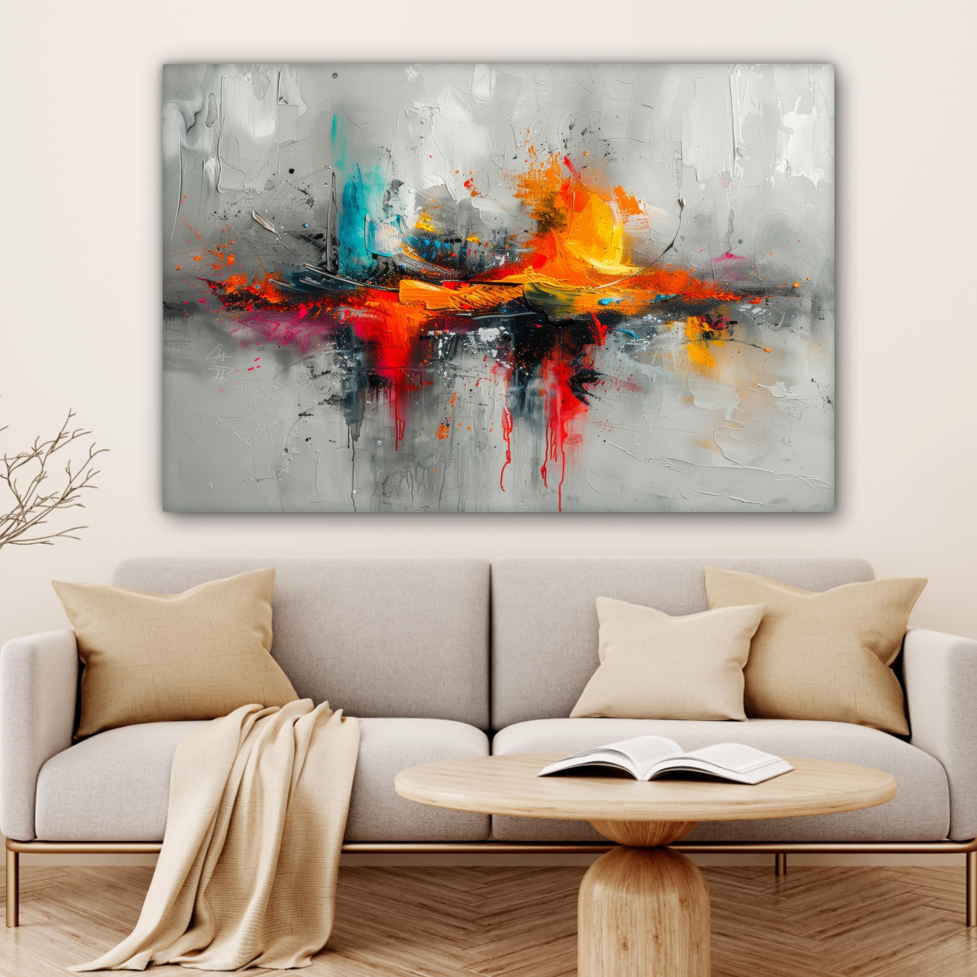 MuchoWow Leinwandbild 120x80 cm XXL Dekoration Wohnzimmer Modern Kunst Orange Grau Abstrakt