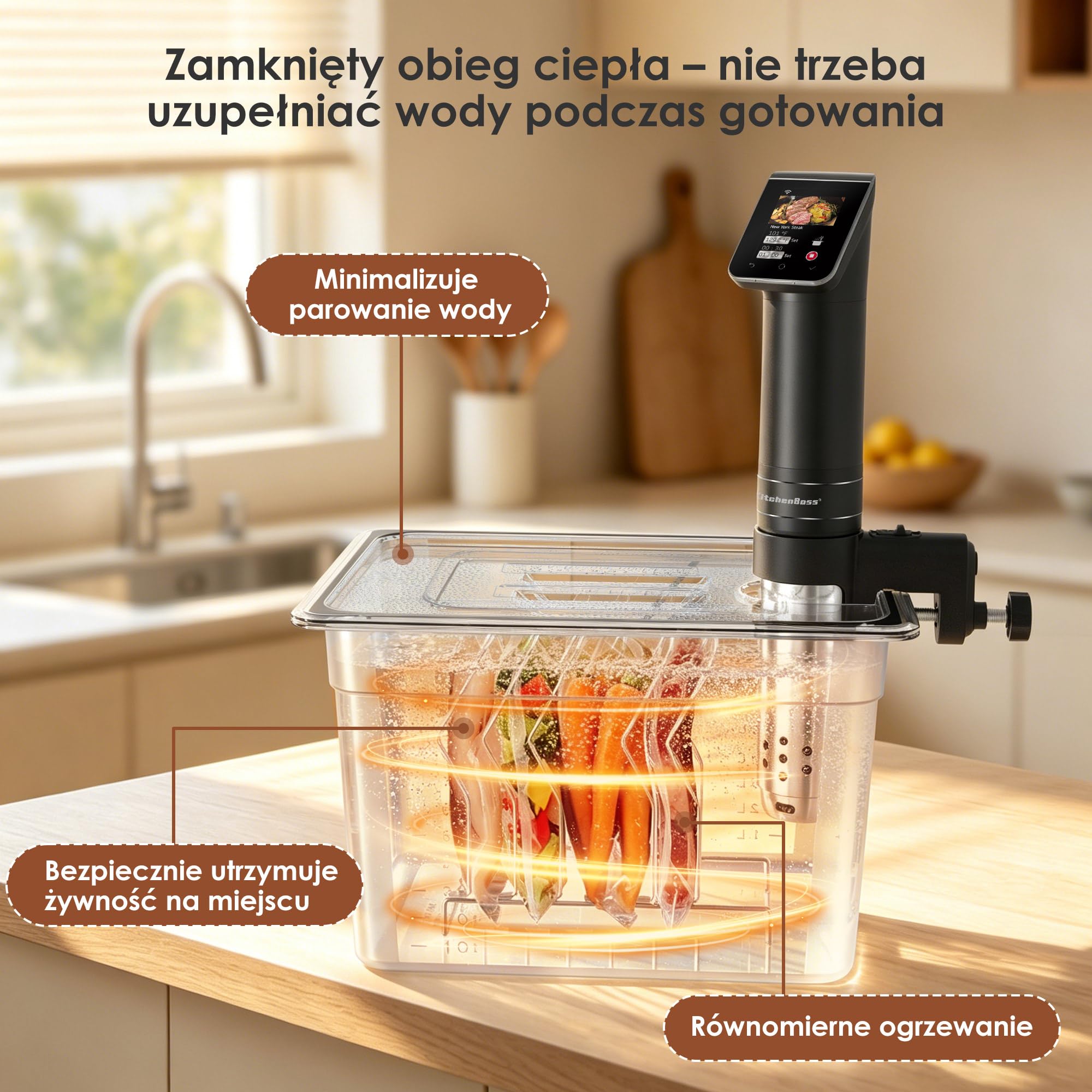 KitchenBoss Pojemnik Sous Vide 11L z Pokrywką i Rusztem ze Stali Nierdzewnej - Kompletny Zestaw z Osłoną Izolującą, Kompatybilny z Większością Ronerów, do Długiego i Równomiernego Gotowania