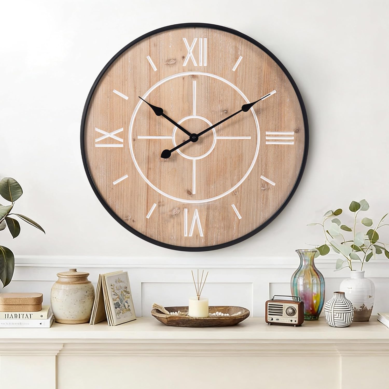 Large Decorative Wall Clock 24 & 30 Inch – Vintage Industrial Farmhouse Modern Style – Iron & Wood, Silent Non-Ticking Quartz, Roman Numerals – Living Room, Office, Classroom