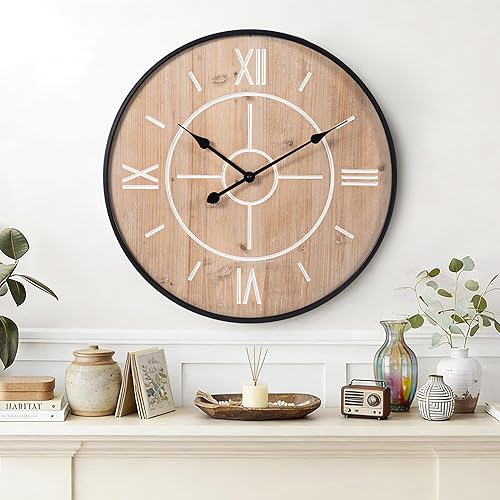 Large Decorative Wall Clock 24 & 30 Inch – Vintage Industrial Farmhouse Modern Style – Iron & Wood, Silent Non-Ticking Quartz, Roman Numerals – Battery Operated