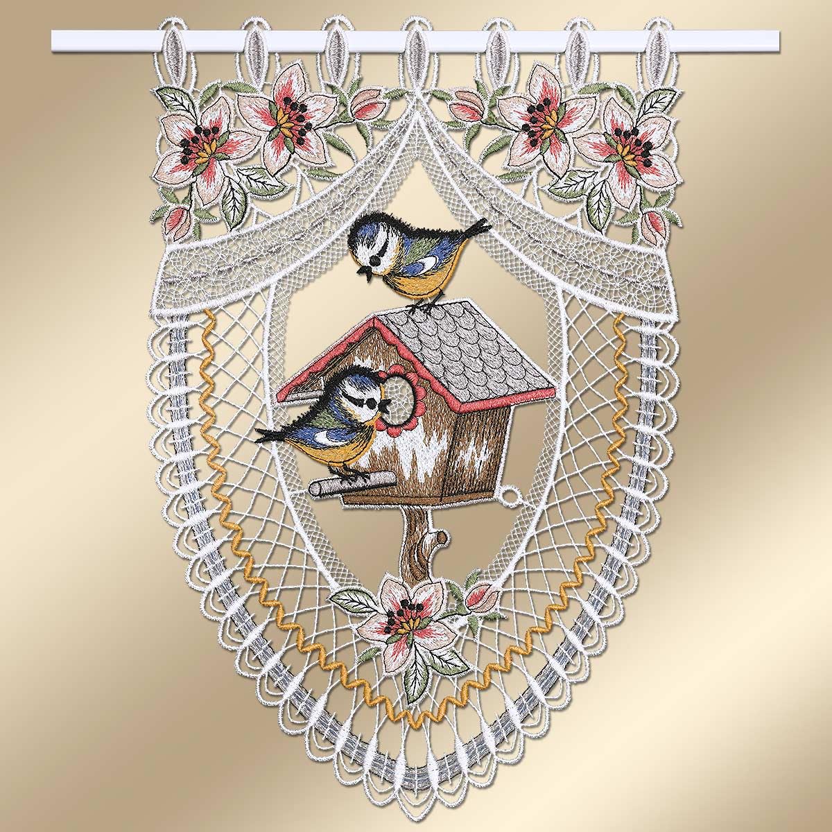 Scheibenhänger Vogelparadies aus Echter Plauener Spitze Scheibengardine mit Blaumeisen und Blüten Flächengardine Frühling 35 x 23 cm