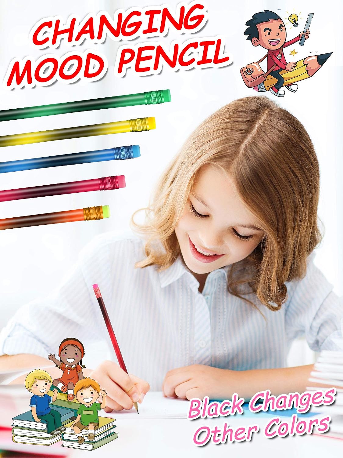 Color Changing Mood Pencil with Eraser Black Change into Colors Wooden Pencils Heat Activated Color Thermochromic Changing Pencils (30 Pieces)