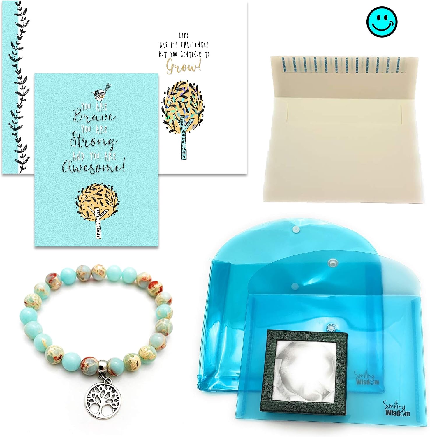 Smiling Wisdom - You Are Brave Strong Awesome Encouraging Growth Greeting Card and Tree Charm Blue Stretch Stone Bracelet - Friendship Women - Multicolored Koreite Stones, Silver Tree