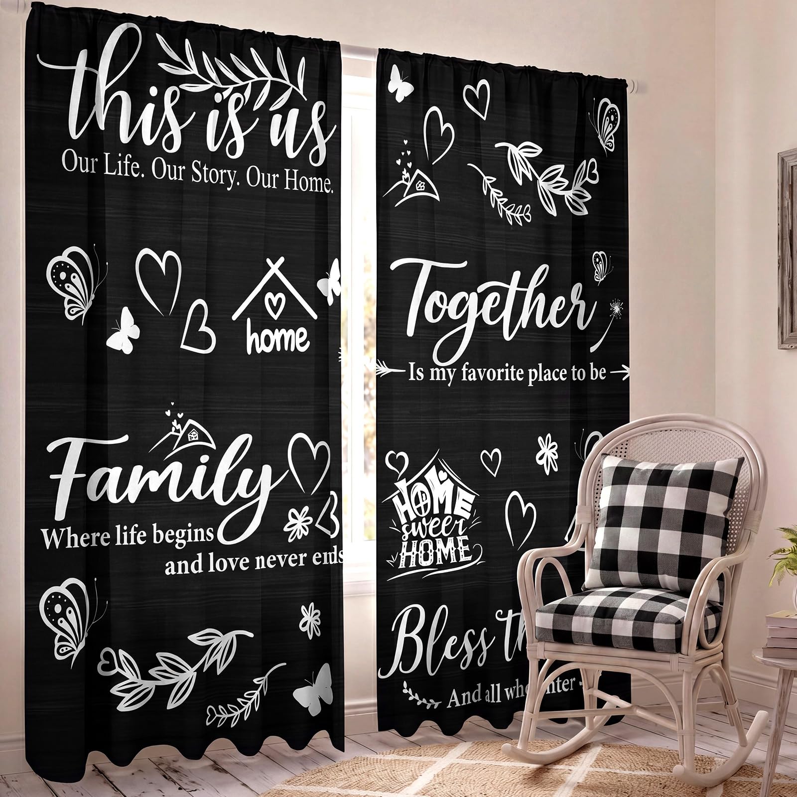 SmoothNovelty 2 Pcs Black and White Farmhouse Curtains for Living Room