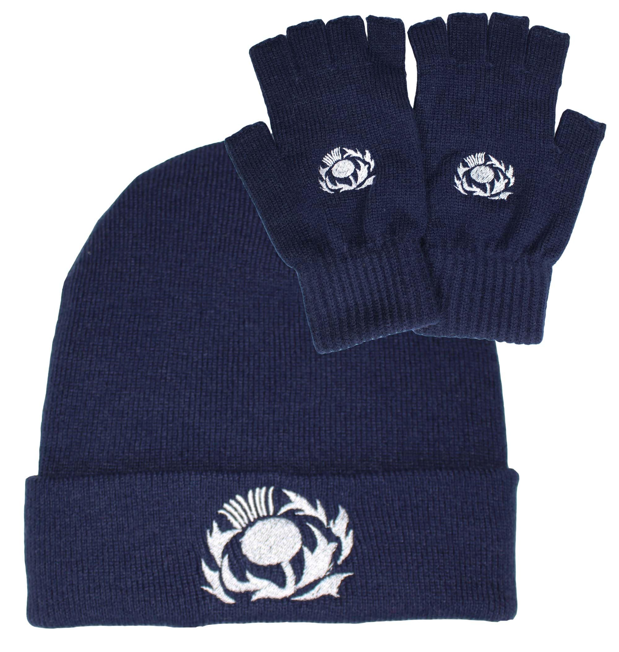 Teddyt's Men's Navy Scottish Thistle Embroidered Beanie Hat & Thermal Fingerless Gloves Scotland Set