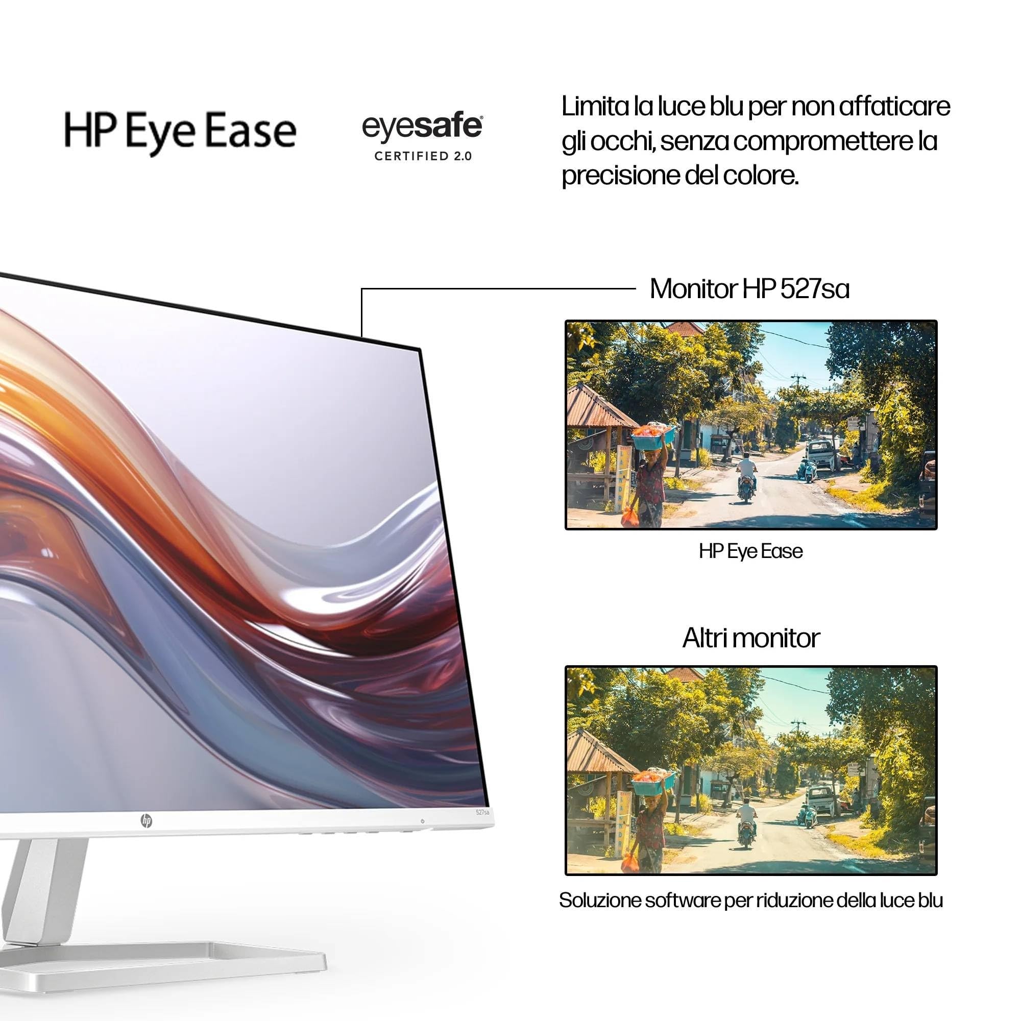 HP 527sa Monitor con Casse, Schermo da 27" FHD IPS Antiriflesso, Tecnologia Eye Ease, Tempo Risposta 5 ms GtG Overdrive, Risoluzione 1920 x 1080, Software Display Center, HDMI, Bianco