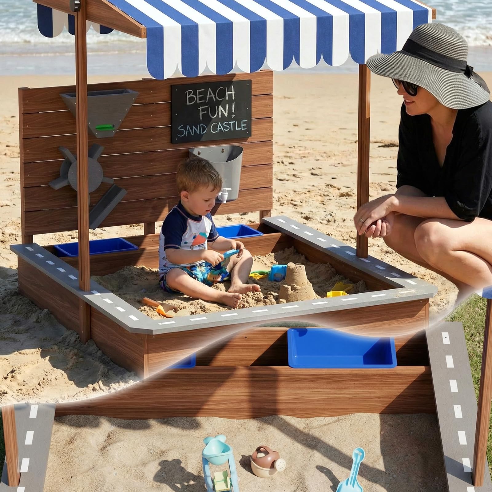 MAMIZO Sabbiere in Legno per Bambini 3-10 anni, Sandbox da Esterno Tetto Regolabile, Recinto di Sabbia con Lavagna, Rubinetto, 2 Bacinella, Playhouse per Giardini, Spiagge, Balconi, 100x111x105 CM