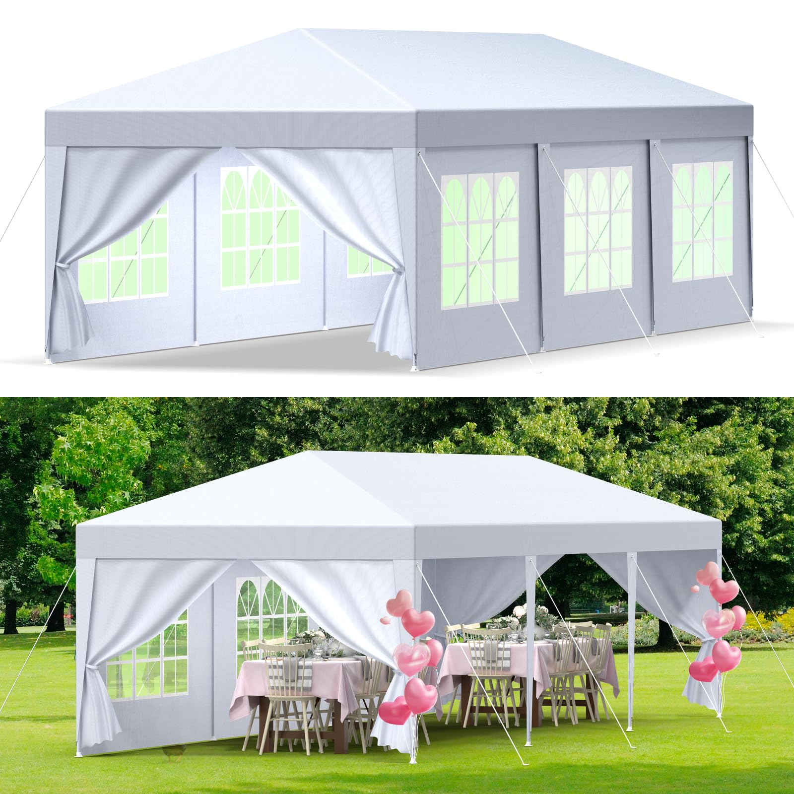Tonnelle de Jardin, 3x9M Tente Réception,Gazebo,Pavillon、Tente de Jardin avec Fenêtres、Parois Latérales,Imperméable,Anti UV 50+,Résistant au Vent Auvent Barnum pour Camping Festival Plage,Blanc Jardin