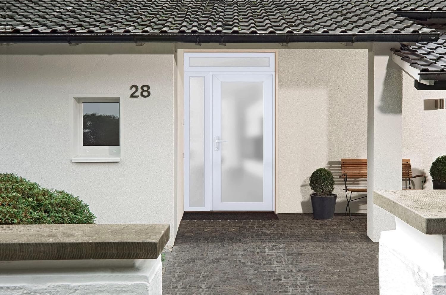 Front Exterior Prehung Metal-Plastic Door Frosted Glass/Manux 8102 White Silk/Side and Top Window/Office Commercial and Residential Doors Entrance Patio Garage 44" x 96" Right-Hand Inswing