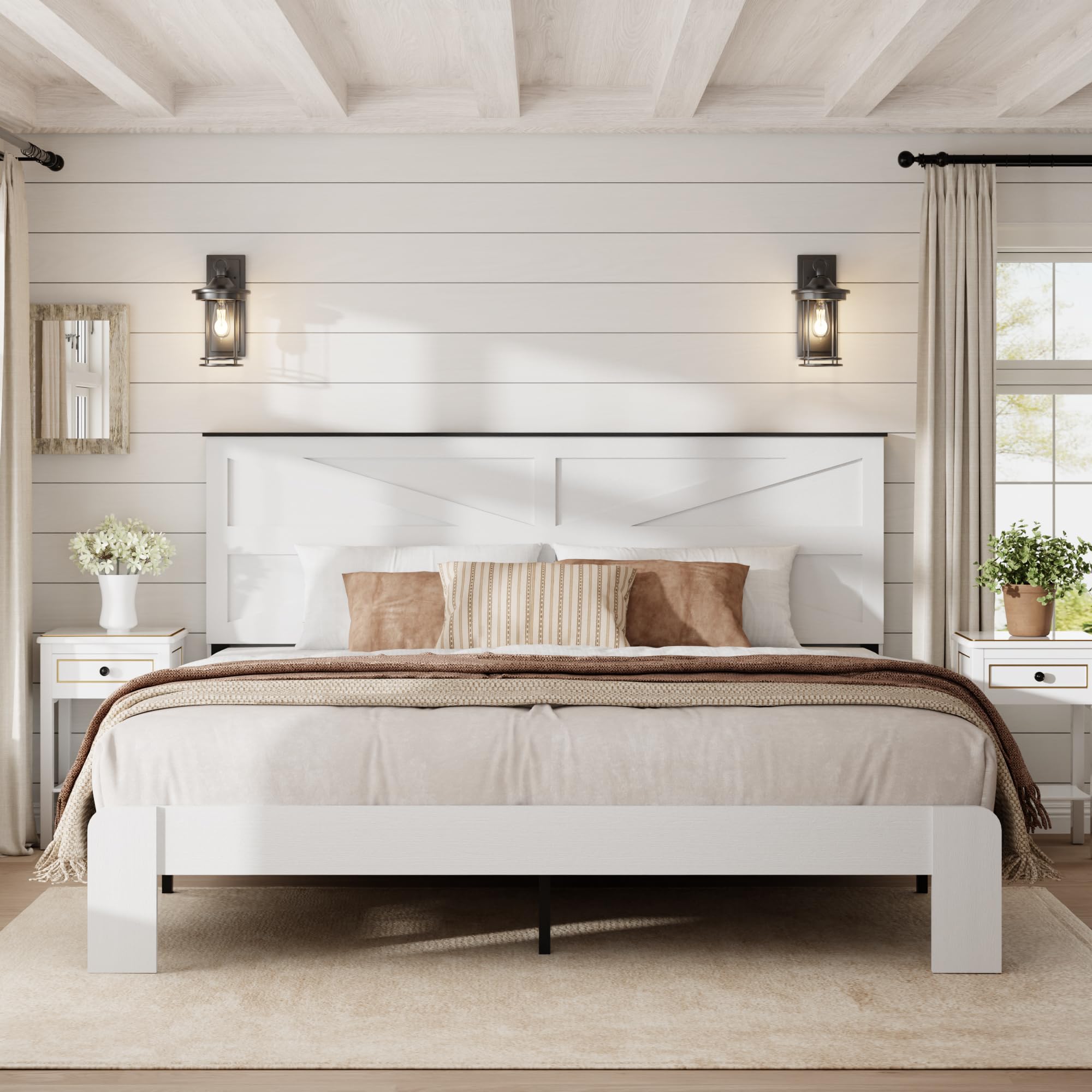Assembled SAMTRA King size bed frame in rustic white with headboard, placed in a bedroom setting with white walls and natural light.