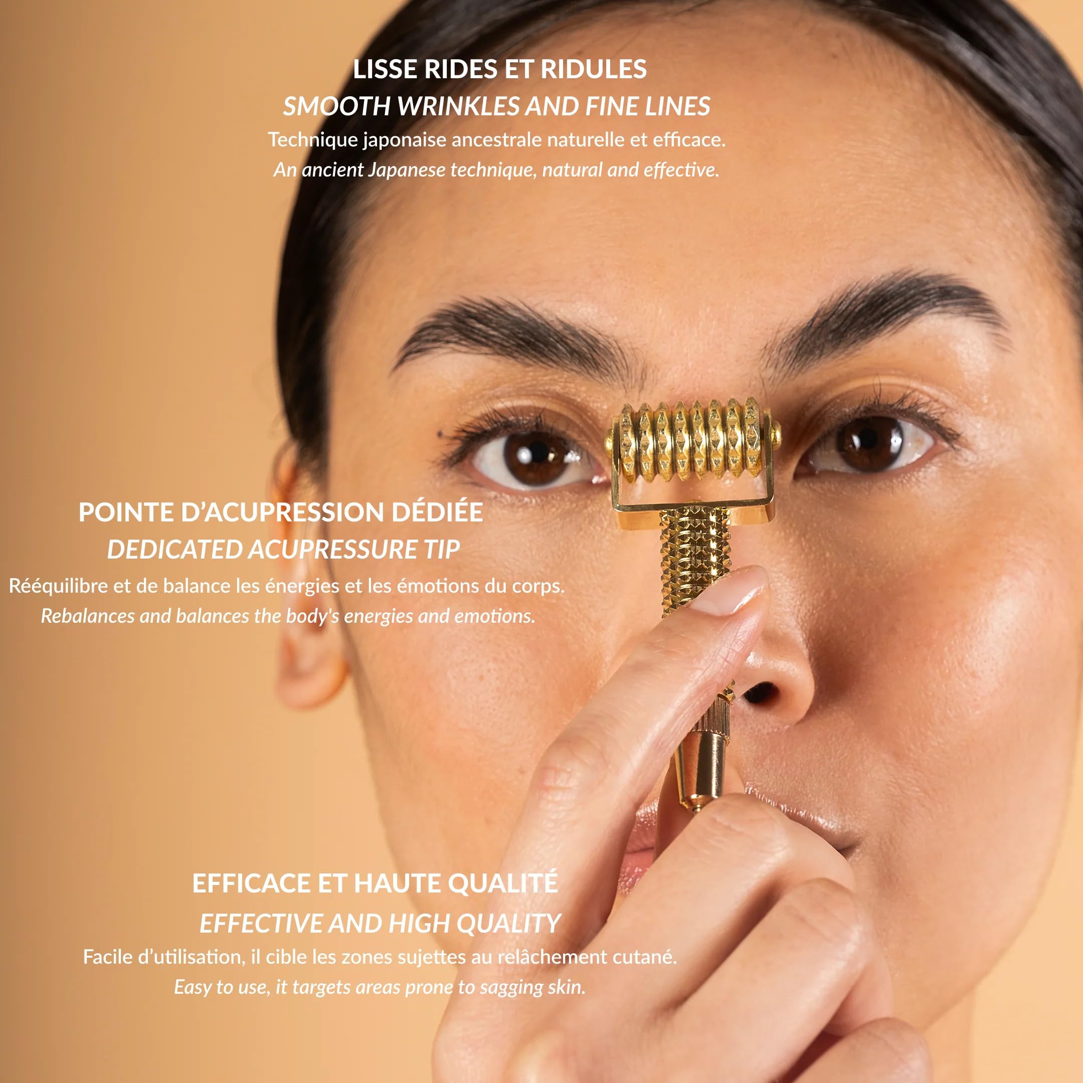 ROLL ON JADE - RIDOKI Gold Acu - Rouleau Massage Visage Anti-âge + Pointe d'acupression, Roller Visage Lifting Naturel, Lisse, Raffermit, Stimule