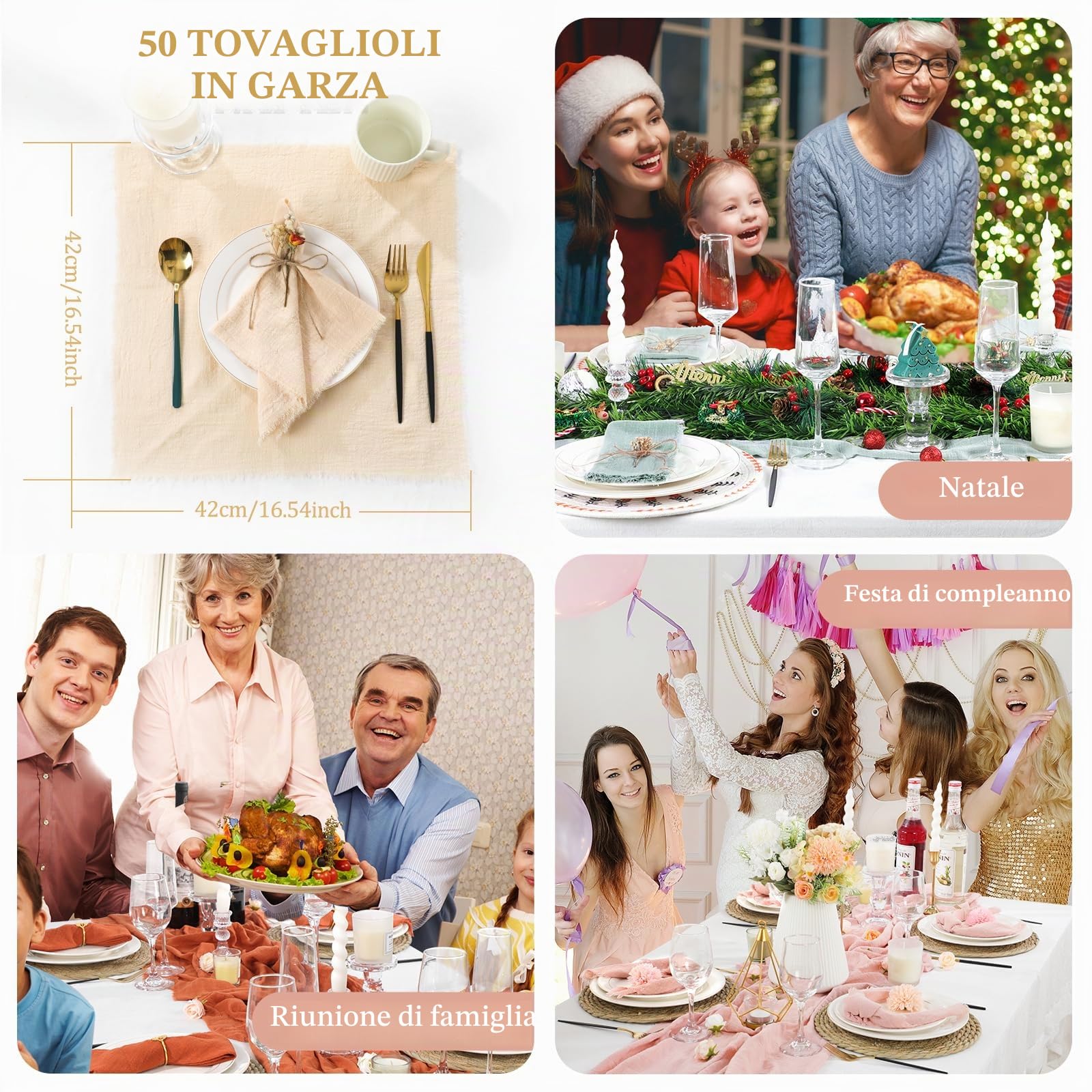 50pcs Natale Verde Garza tovagliolo di Cotone Riutilizzabile Asciugamano da tè Festa di Nozze Decorazione della tavola retrò sbavature tovaglioli 42x42cm.