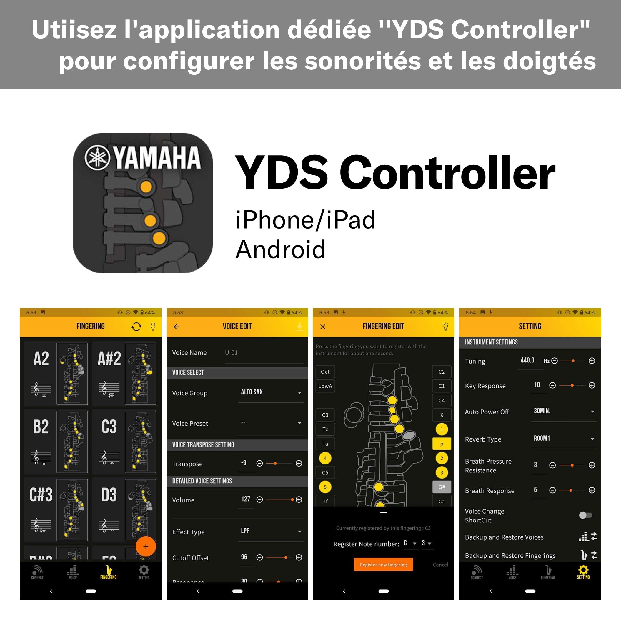 Yamaha YDS-120 Saxophone Numérique - 56 Sonorités de Saxophone, Capteur de Souffle, Contrôle du Volume, USB, Prise Casque, Idéal pour Jouer en Silence, Configuration et Personnalisation via l'App.