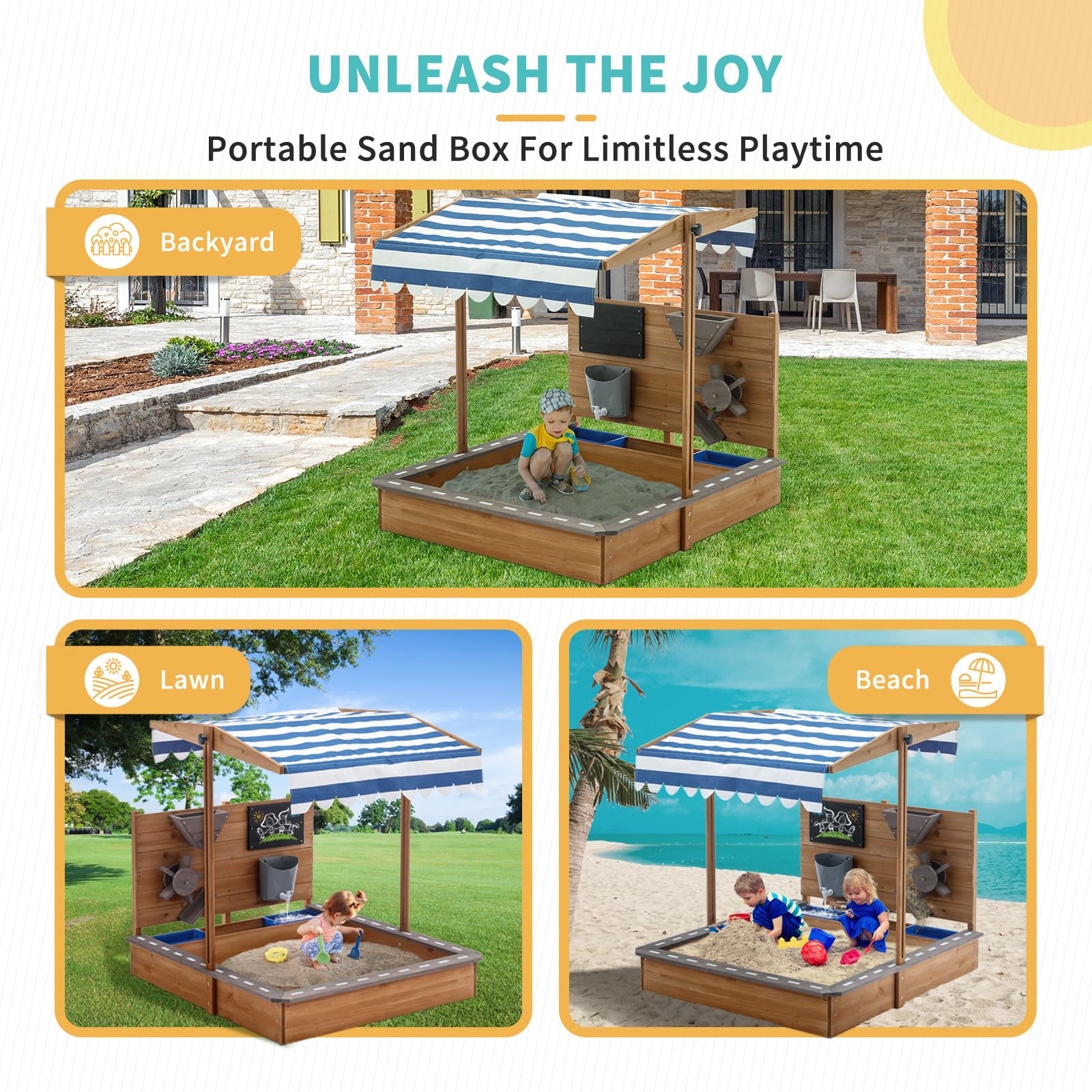 Sandkasten mit Abdeckung, Großer Kinder-Sandkasten aus Holz mit Bring Strandspielzeug, Sandkasten mit Dach für Strand, Garten (103 x 114 x 110 cm)
