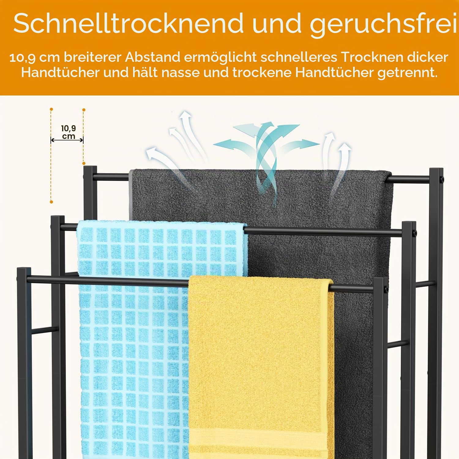 Honiter Handtuchhalter für Badezimmer, 3 Etagen breiter Handtuchtrockner im Freien, freistehender Handtuchhalter, Pool-Handtuchdecken-Ständer und Präsentationsständer für übergroße Badetücher, Schwarz