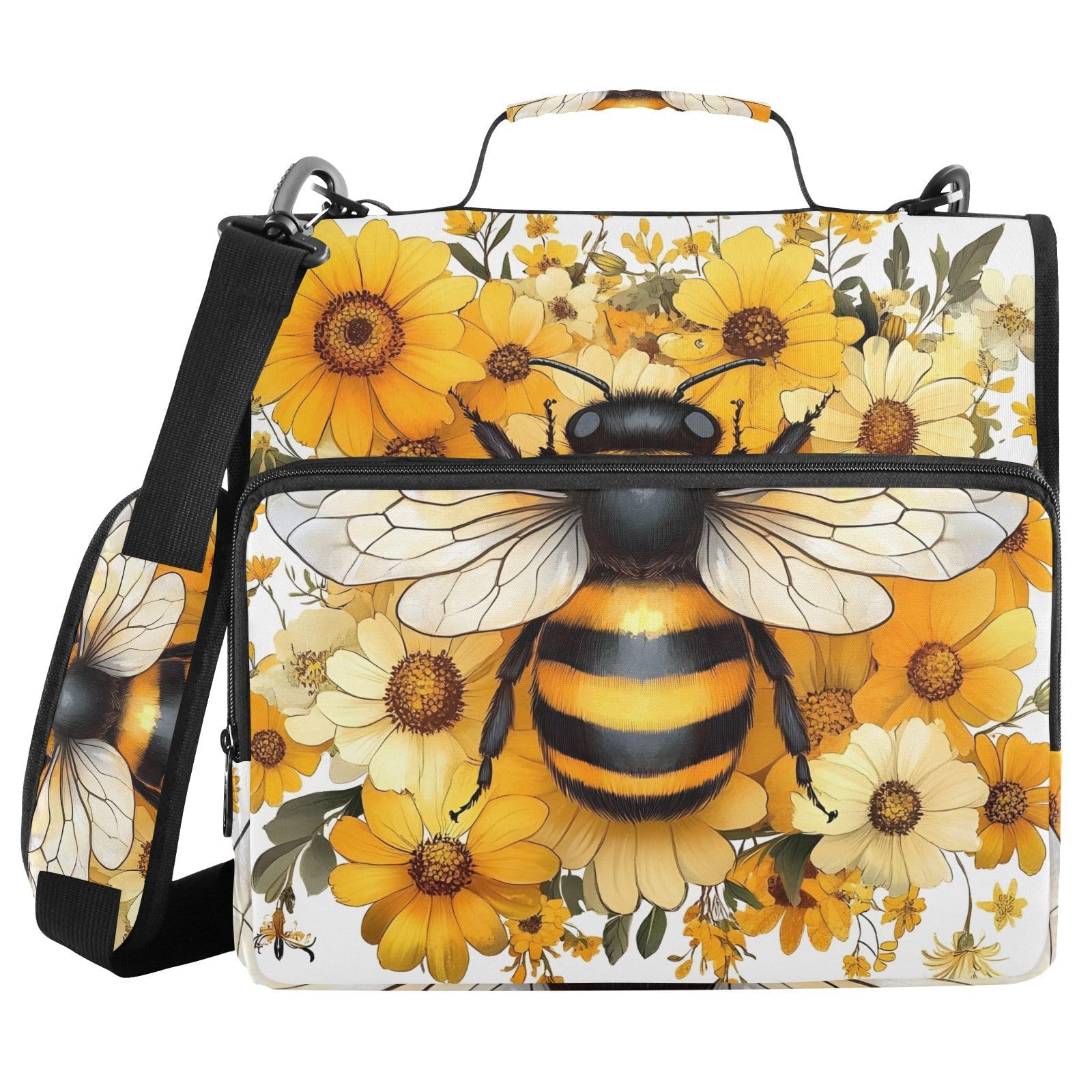 3 Ring Zipper Binder with Shoulder Strap Yellow Daisy Bee Bumblebees 1.5 inch Binders Keeper Large Capacity Multi Pockets for School Office Supplies